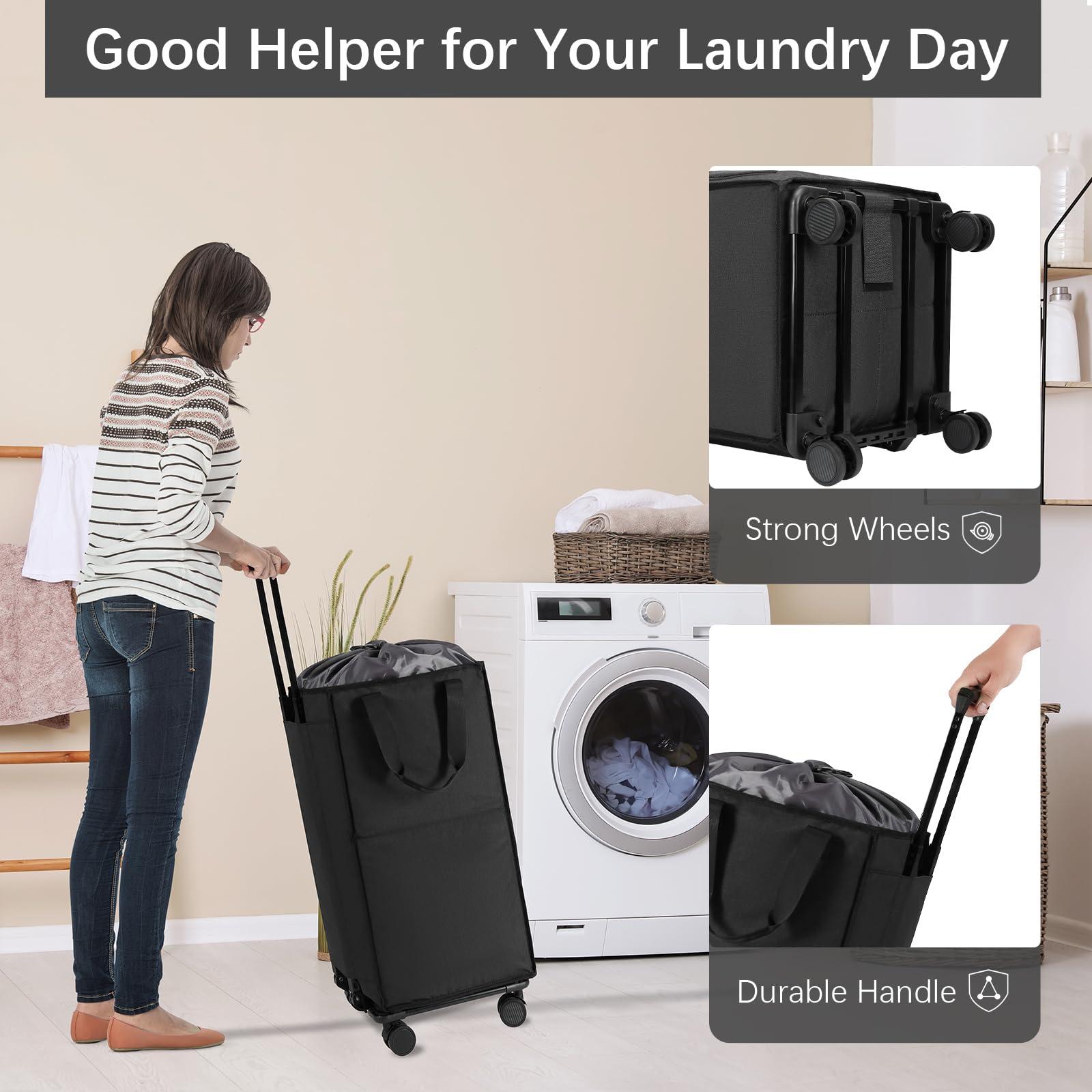 Bukere Extra Large Rolling Laundry Basket with Wheels, 90L Freestanding Collapsible Laundry Hamper Bag for Clothes Storage, Removable Wheeled Cart for College Dorm Apartment Laundry Room Bathroom - Image 3