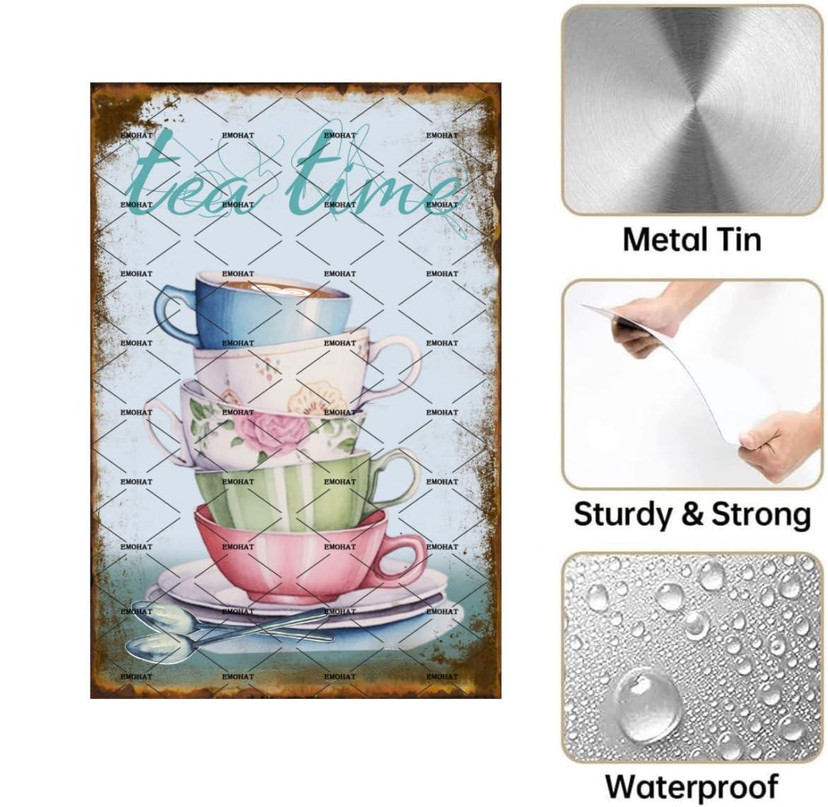 EMOHAT Vintage Style Metal Tin Sign Wall Decoration Tea Cup Tea Time Coffee House Dessert Shop Metal Plaque Tin Poster Home Bar Pub Garage Shop Kitchen Restaurant Tin Metal Sign 8x12 Inch - Image 4