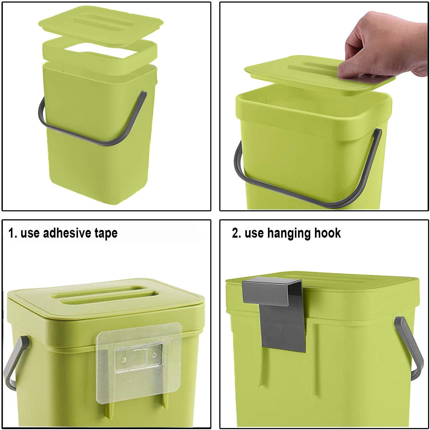 LALASTAR Food Waste Basket Bin for Kitchen, Small Countertop Compost Bin with Lid, Odor-Free Food Scrap Container, Wall Mounted Garbage Can, 3L/0.8 Gal, Green - Image 7