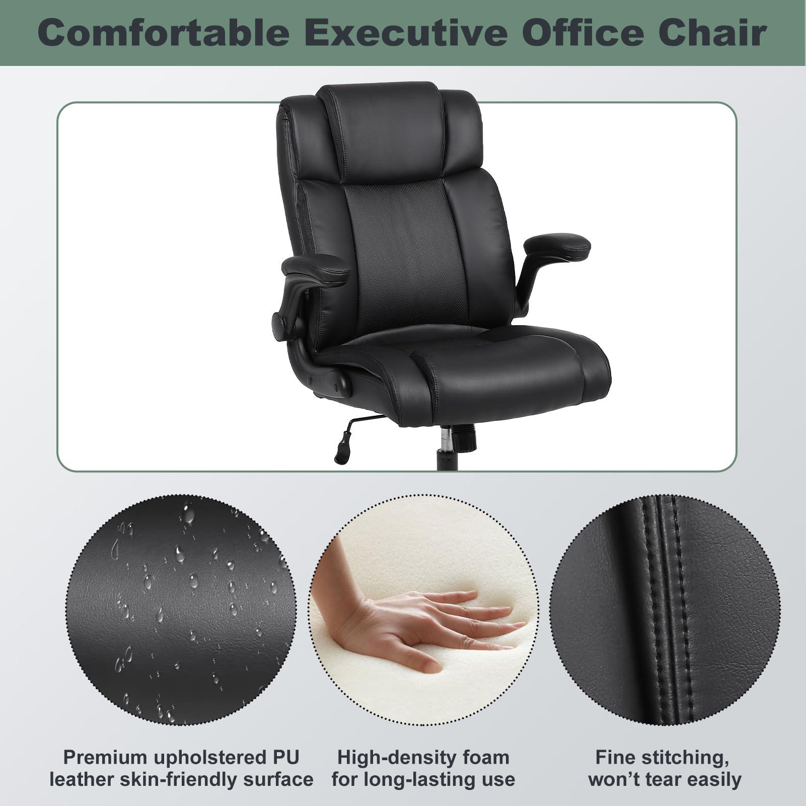 Ermnois Executive Office Chair with Thicken Flip-up Armrest, Ergonomic Home Office Desk Chair with Lumbar Support, Upholstered Leather Mid-Back Computer Gaming Chair for Home/Office, Black - Image 8