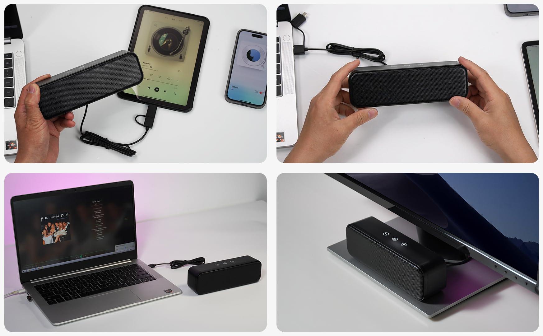 Computer Speakers for Desktop PC Laptop, Wired, USB Plug-in, External Speakers for Monitor, Small Computer Sound bar for PC, Loud Speaker with Deep Bass, Touch Control, Built-in USB-C to USB Adapter - Image 6