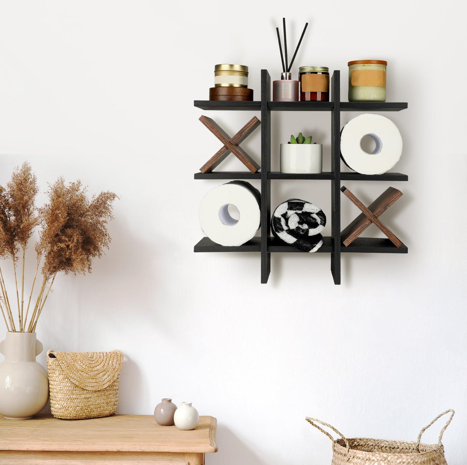 Weysat Tic Tac Toe Toilet Paper Holder Stand Bathroom Wall Decor Rustic Wooden Hanging Storage Freestanding Wall Mounted Shelves Decor for Toilet Tissue Farmhouse - Image 5