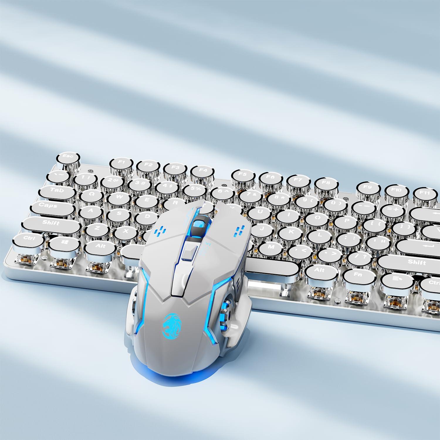 TK950 Wireless Typewriter Keyboard and Mouse Combo,104 Keys Retro Typewriter Mechanical Keyboard with White Backlit, Anti-Ghosting, Blue Switch, Bluetooth/2.4G/Wired Cute Gaming Keyboards-White