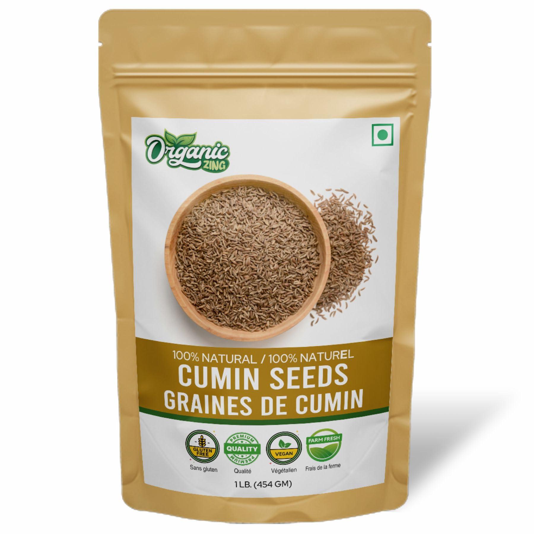 Organic Zing Cumin Seeds | 100% Vegan and Chemical Free | Sabut Jeera | Contains No Additives | Packed and Produced in India - 454 gm(Pack of 1)