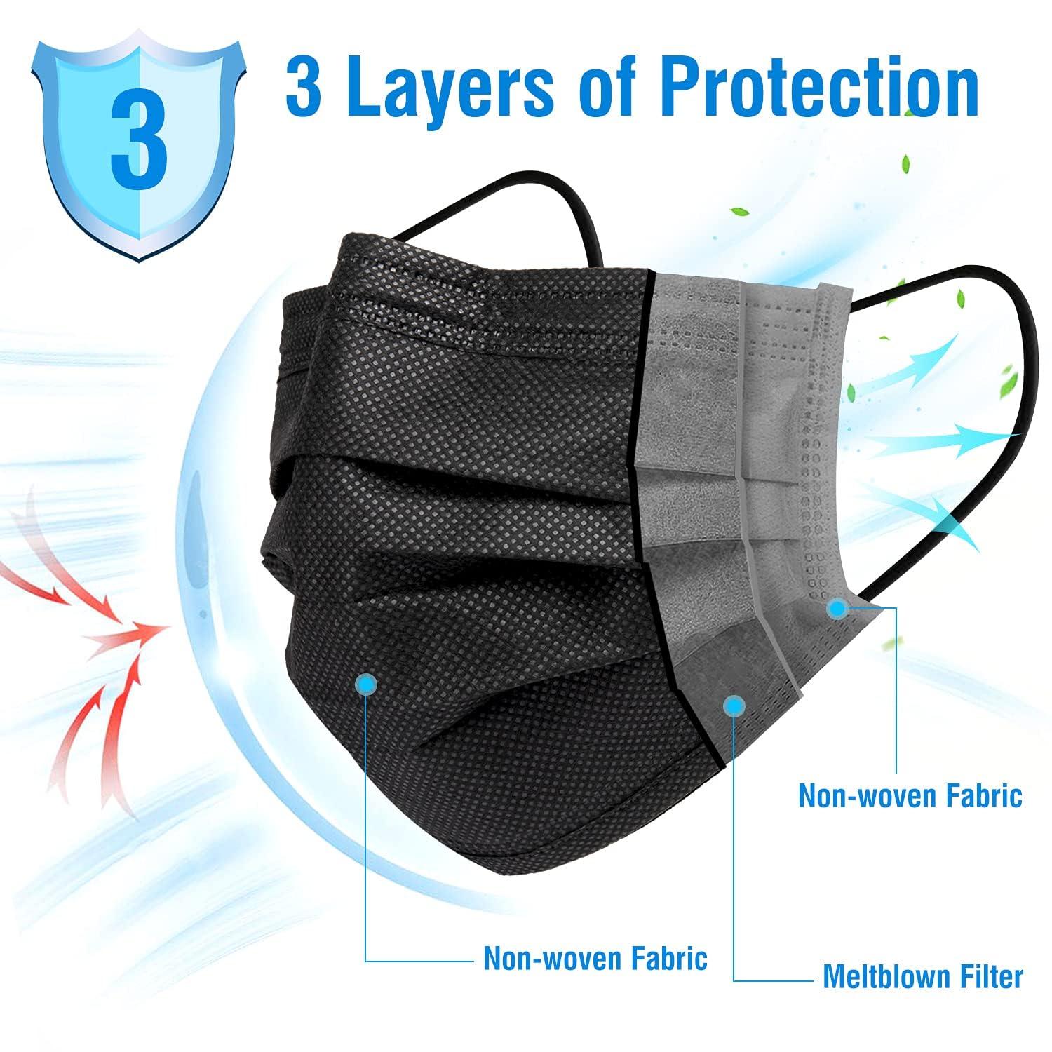 100 Pack Disposable Face Masks, 3 Layer Filter Protection Black Disposable Face Masks - Image 2