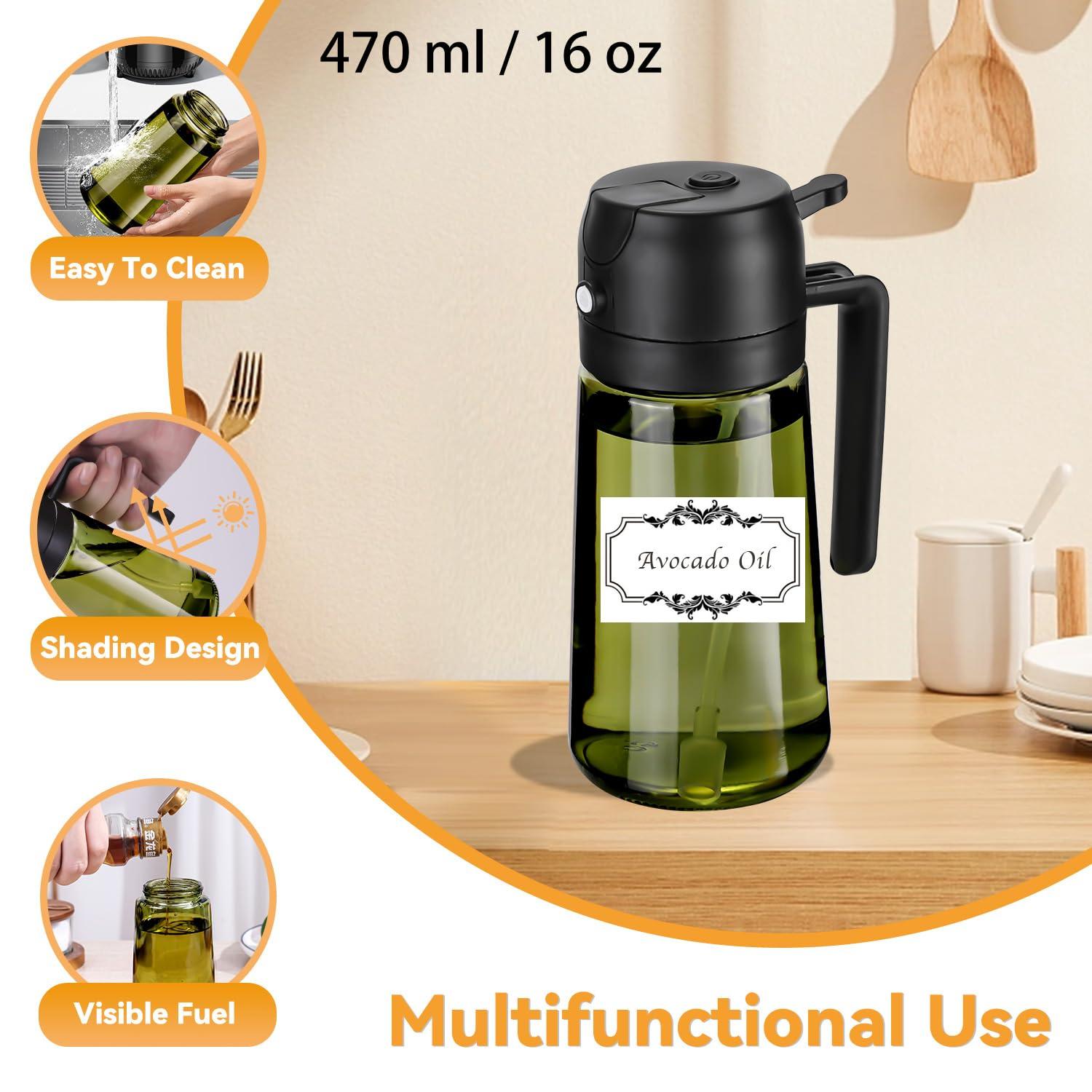 RFetomax Oil Sprayer for Cooking-2 in 1 Olive Oil Dispenser, 16oz/470ml Light Blockage Green Bottle for Air Fryer, BBQ,Salad, Frying, Barbecue (2Green Bottle Black Cap) - Image 5