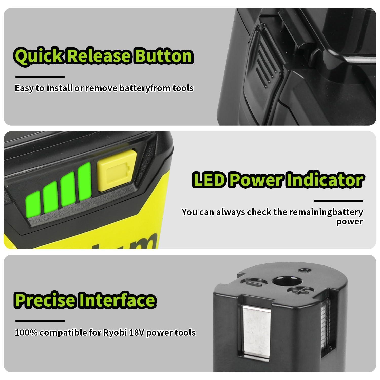 VIRSHX BATT Upgraded 2packs 6Ah 18V Replacement for Ryobi 18V Battery Compatible with Ryobi ONE+ P108 P102 P103 P104 P105 P107 P109 P122 Cordless Tool Batteries with Indicator - Image 3