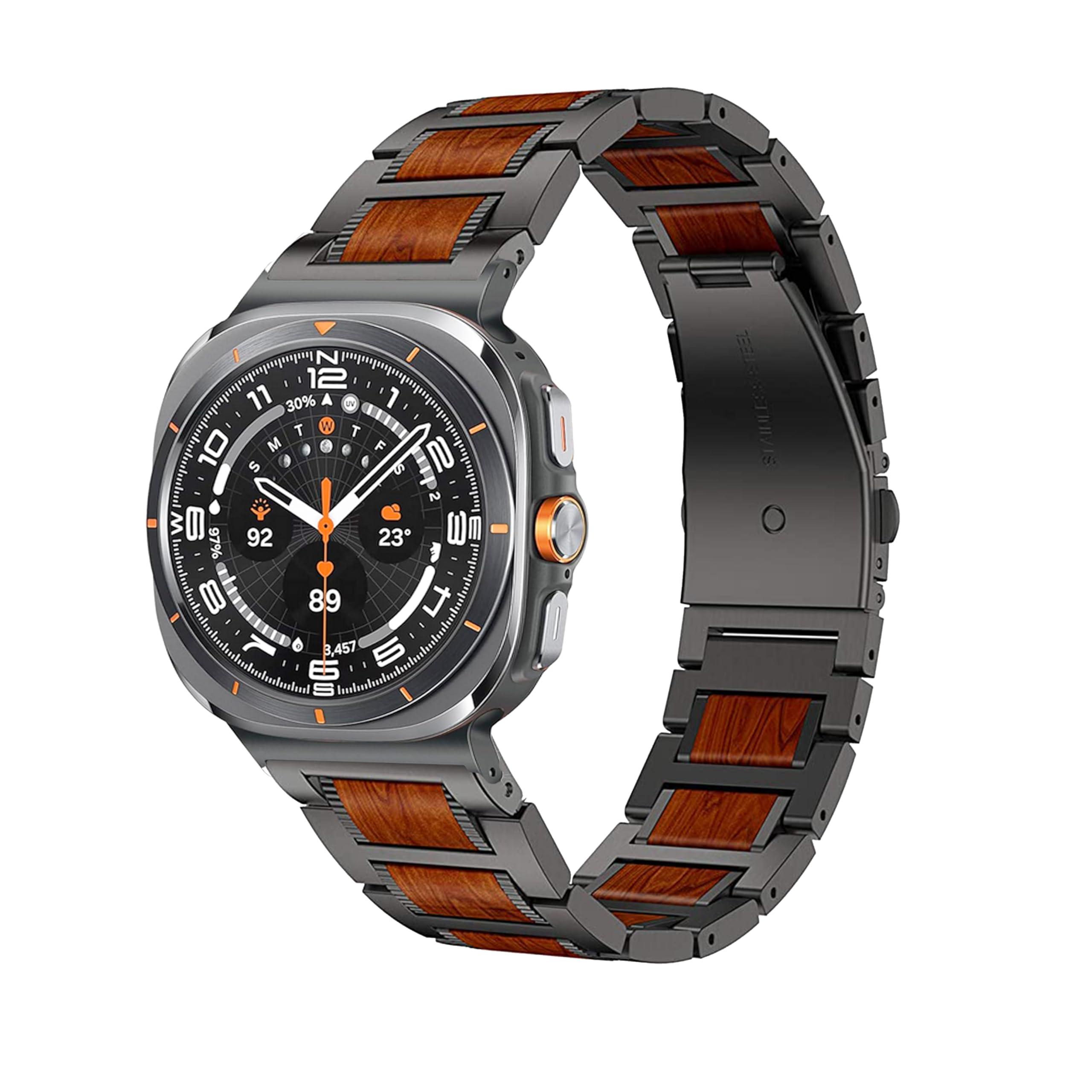 YEEJOK Compatible for Samsung Galaxy Watch Ultra Bands 47mm, Stainless Steel Metal+Wooden Watch Straps Replacement for Men Women Smartwatch Accessory