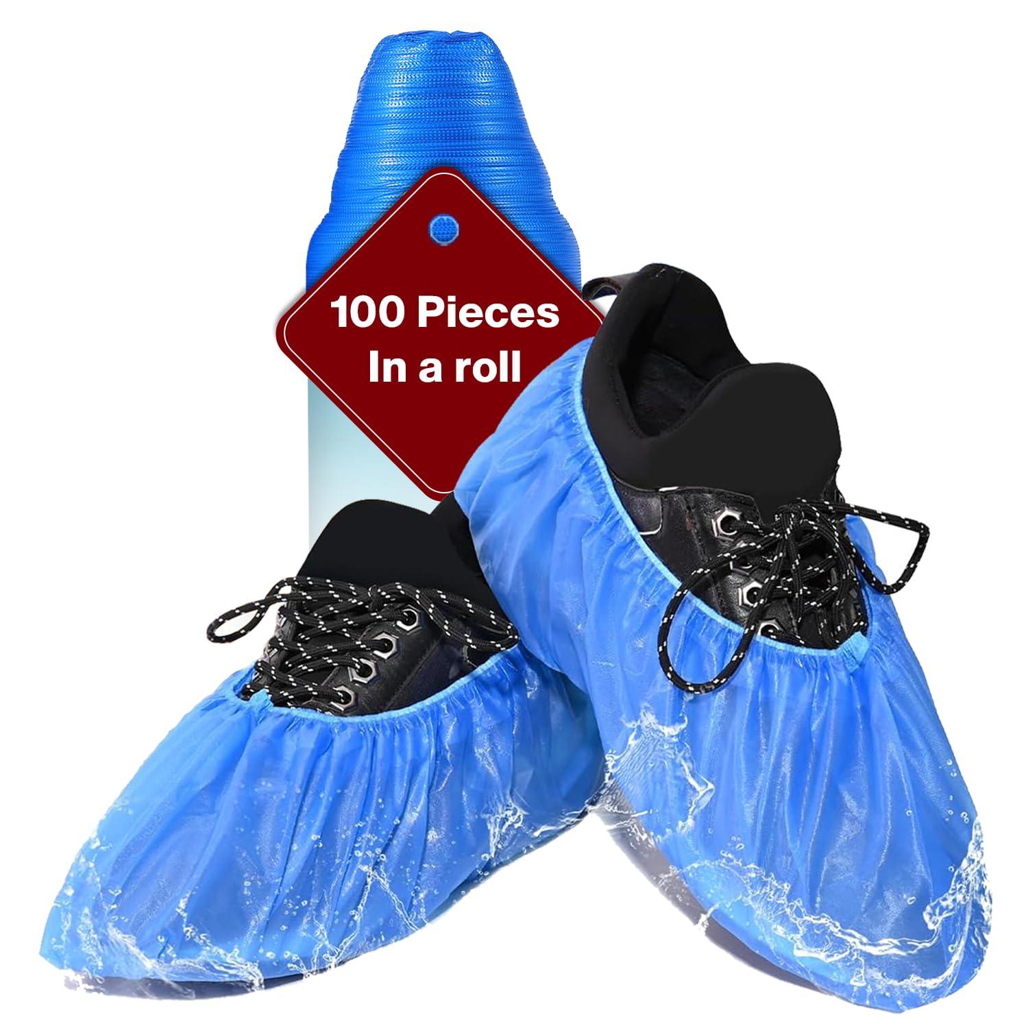 100 Pack (50Pairs) Shoe Covers Disposable Non-Slip, Waterproof Boot Covers with Compact Roll for Easy Storage, Plastic Shoe Covers for Indoor Use, Home Cleaning,Visting, One Size Fits Most