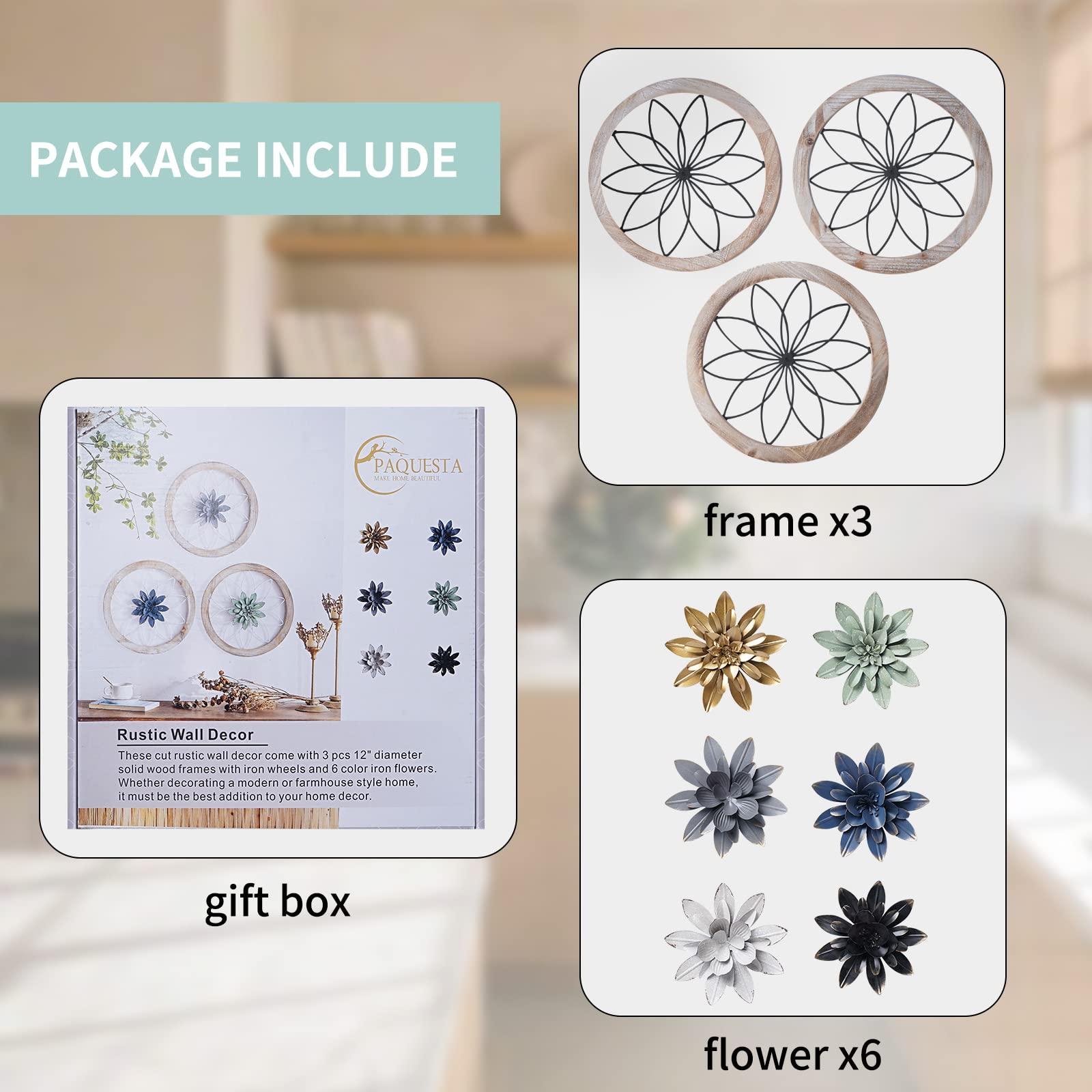 Paquesta 3 Piece Round Farmhouse Wall Decor with 6 Piece Interchangeable Flowers 12'' Medallion Wood & Metal Rustic Wall Art for Living Room Bedroom Kitchen Bathroom Dining Room Home Decorations - Image 3