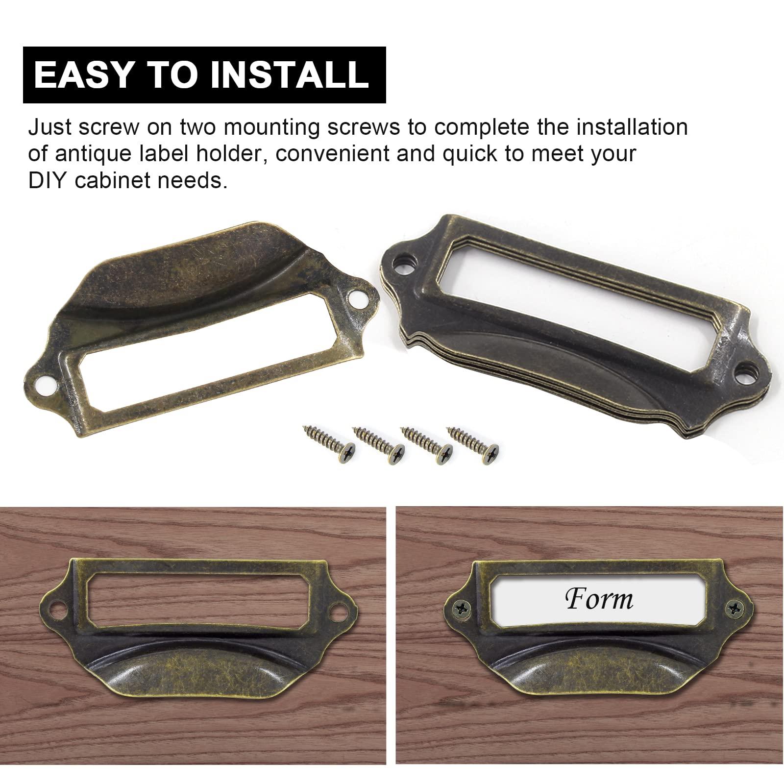 Auvotuis 30Pcs Antique Bronze Frame Tag Label Holder Office Library File Drawer Tag, Metal Vintage Cabinet Label Card Pull Handles with Screws for Furniture - Image 6