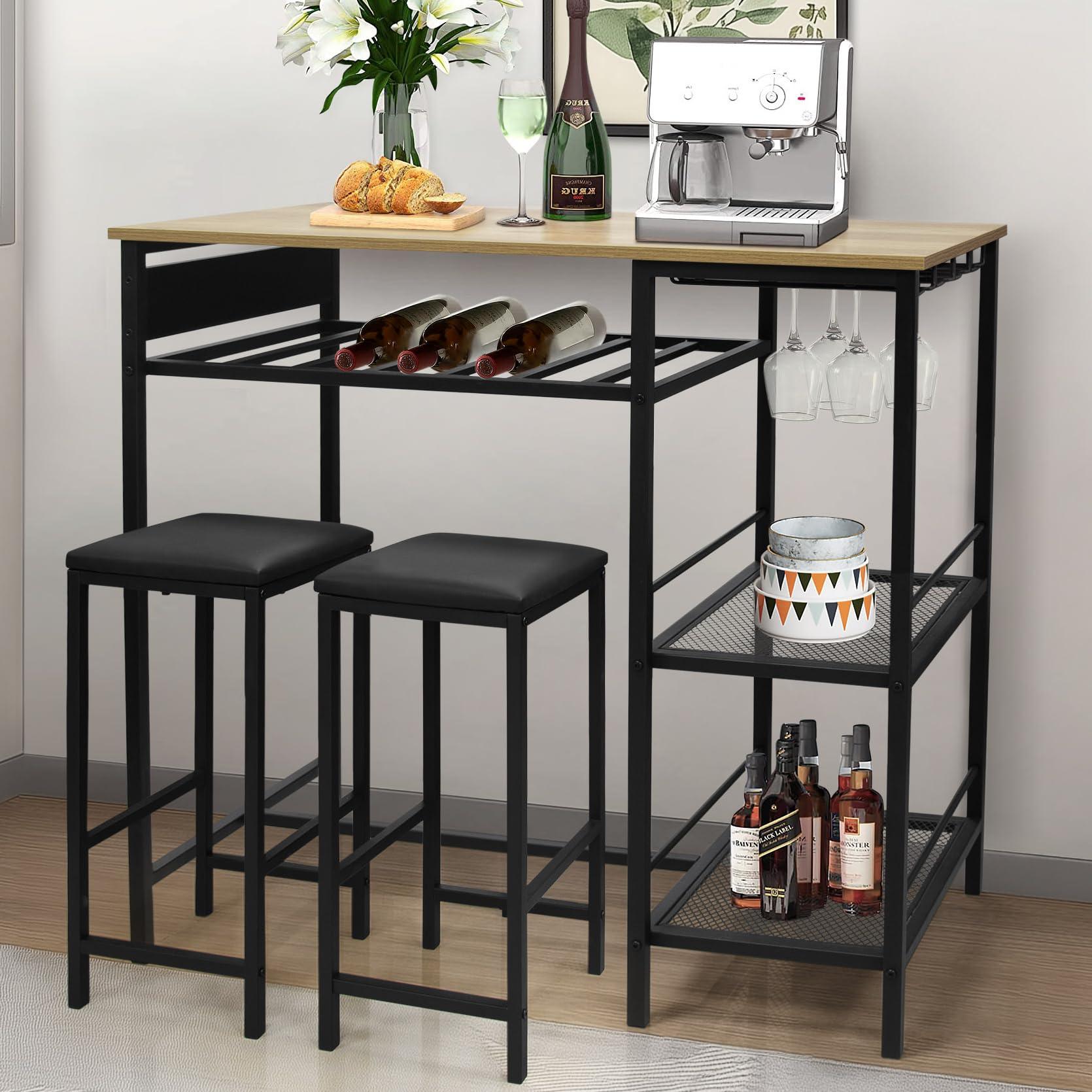 Ghouse Bar Table and Chairs Set of 2 with Storage Rack 4 Rows of Wine Glass Hanging Holder Pub Table with 2-Tier Storage Shelves for Apartment Living Room Dining Room Natural Oak 36.7 Inches Height