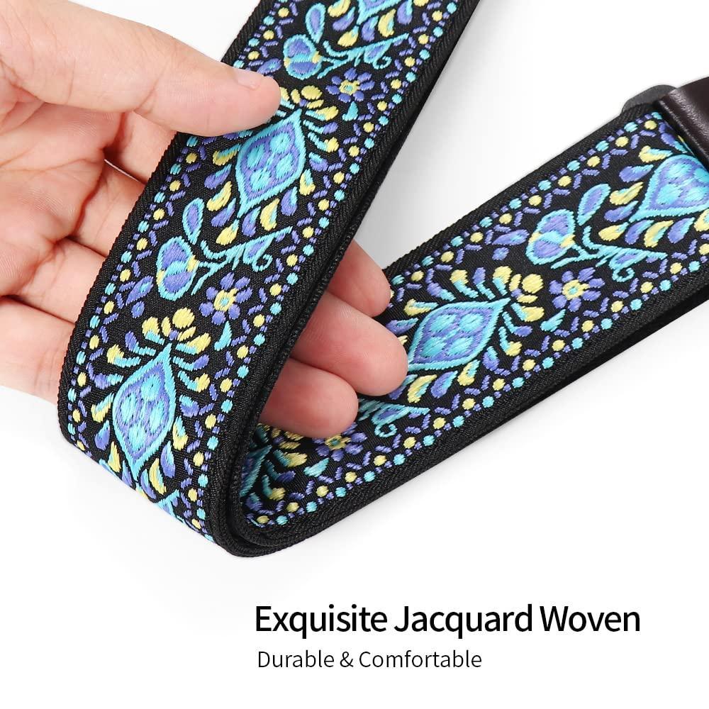 Eyeshot Ukulele Strap No Drill, Adjustable Double J Hook Clip on Uke Shoulder Strap, Hawaiian Jacquard Blue Flower Hands Free Ukelele Strap, Easy to Use and Fit Most Standard Uke Sizes - Image 4