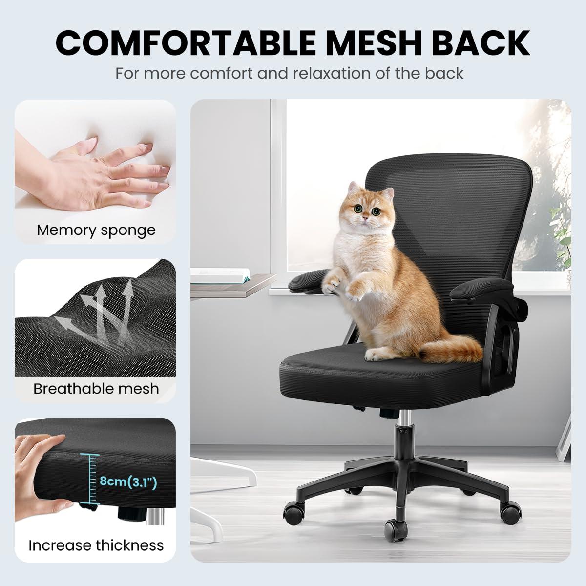 Office Chair, Ergonomic Home Computer Desk Chairs, Comfy Breathable Mesh Chair with Adjustable Lumbar Support Flip-up Armrests, Executive Task Chair with High Back for Home Office Rolling Swivel Chair - Image 6