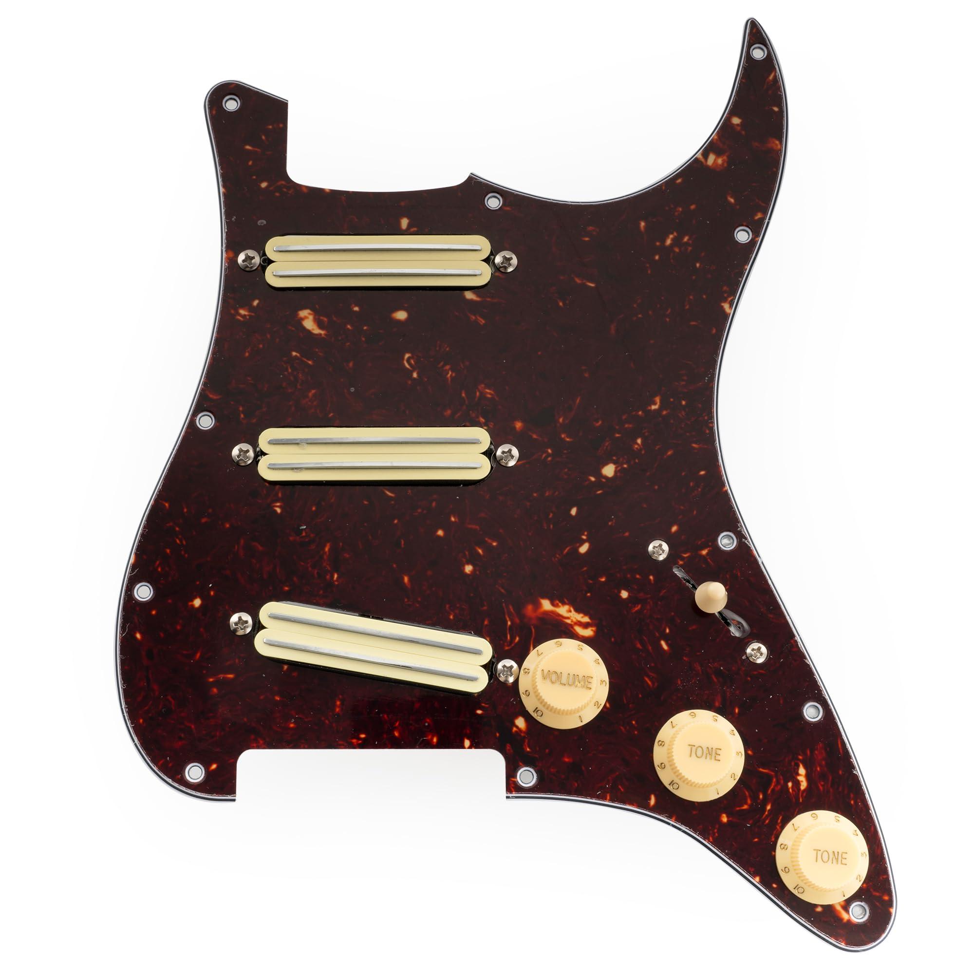 Musiclily Pro-SE ST-DPHA Pre-wired SSS Pickguard with Alnico 5 Mini Rail Humbucker for Strat Style Electric Guitar, 4Ply Tortoise Shell