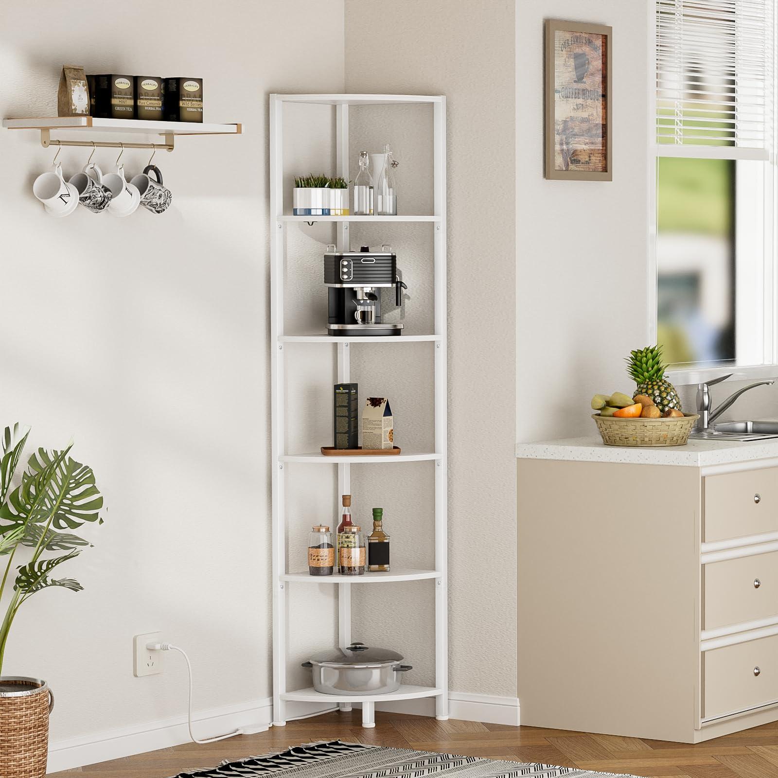 Furnulem 6 Tier Corner Shelf with LED Light, 67.5” Tall Standing Shelf Organizer, White Narrow Bookshelf with Storage Rack for Wall Corner, Living Room, Bedroom, Metal Frame, Wood Display Shelf - Image 9