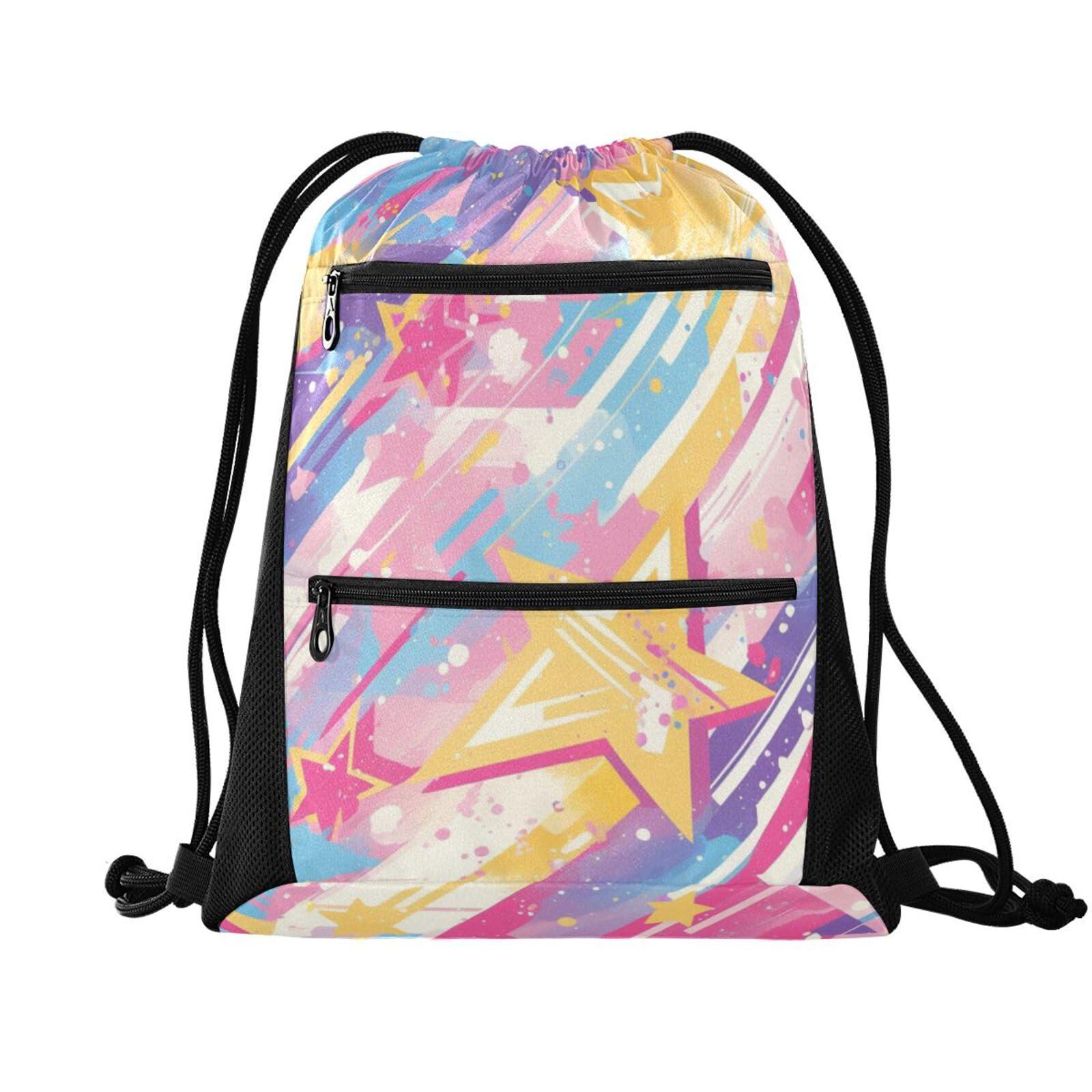 FRODOTGV Spray Paint Rock Star Drawstring Backpack Bag Lightweight Shopping Women Men Adults Cinch Sack Pack With Zipper Pockets for Yoga