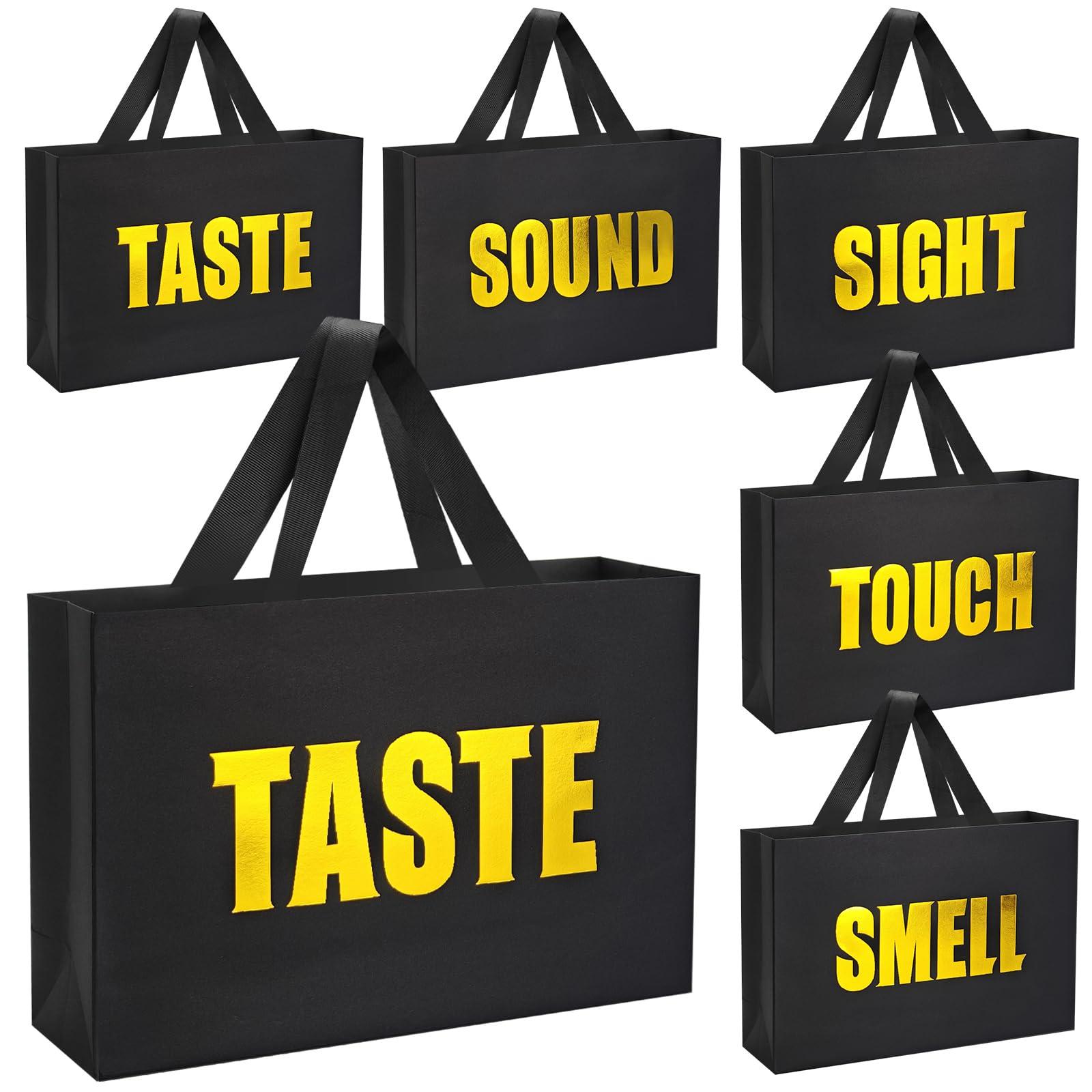 LUOKER 5 Senses Gift Bags for Him,12.6" Double Sided Gold Stamping Word,Five Senses Gift Bags with Ribbon Handles,Black Bag for Wedding Anniversary,Party,Birthday,Mother's Day
