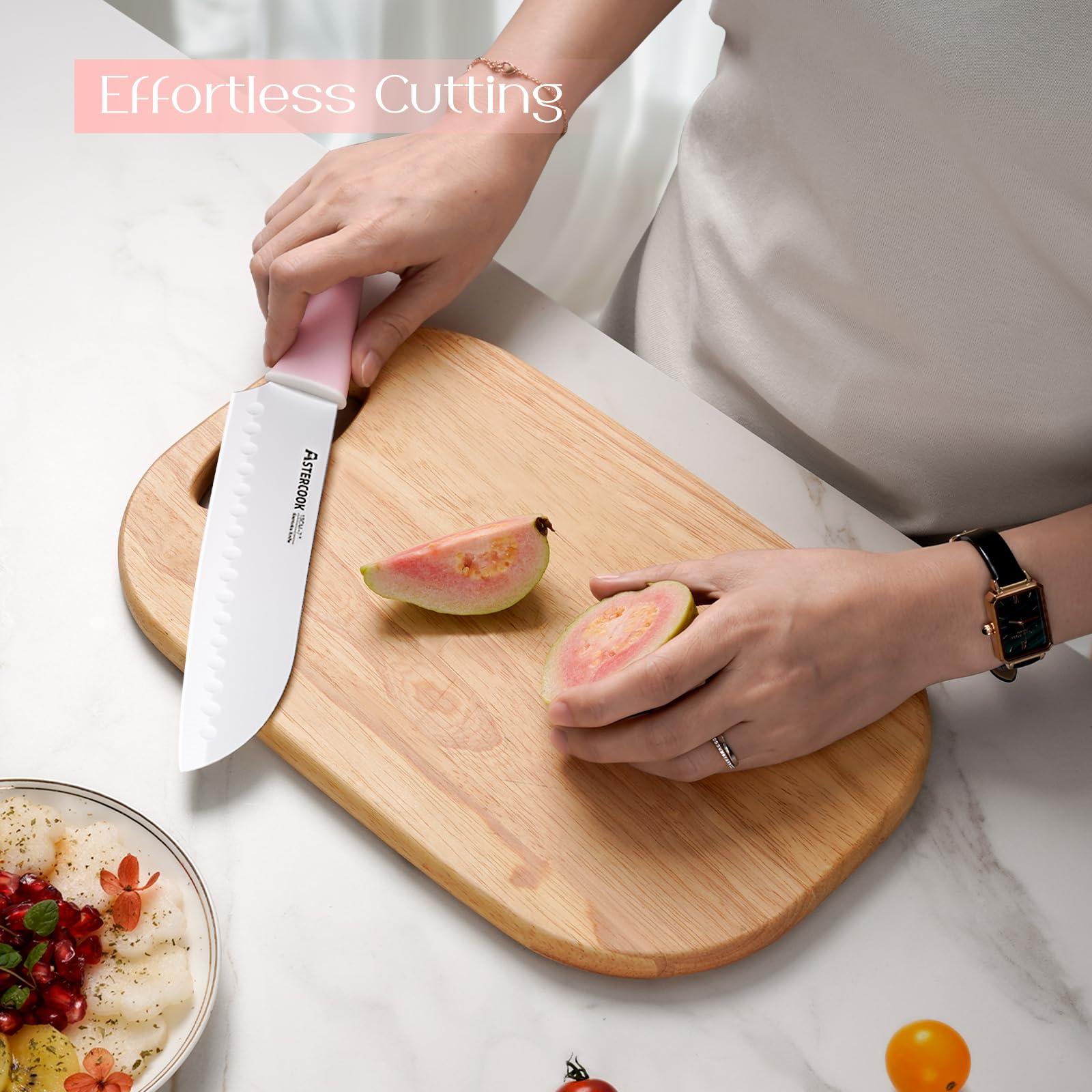 Astercook Knife Set, Kitchen Knives Set with Block and Sharpener Ceramic Coating 15 Pcs German Stainless Steel Knives Sharp Blade Dishwasher Safe Knife Block Set with Ergonomic Handle, Crystal Pink - Image 7