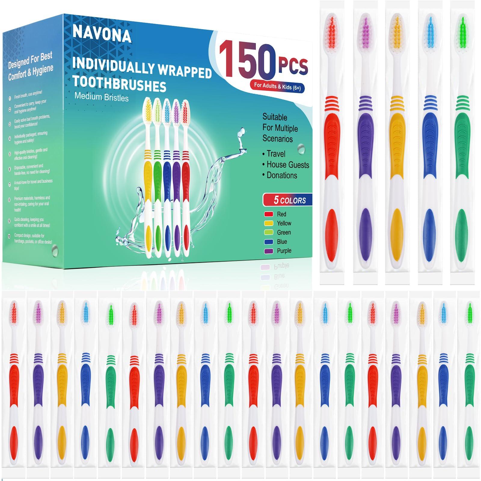 Navona 150 PCS Premium Individually Wrapped Bulk Toothbrush Pack, Disposable Toothbrushes, Kids Toothbrush, Medium Soft Bristle Toothbrushes, Ergonomics Handle, Perfect for Travel Hotel Donation