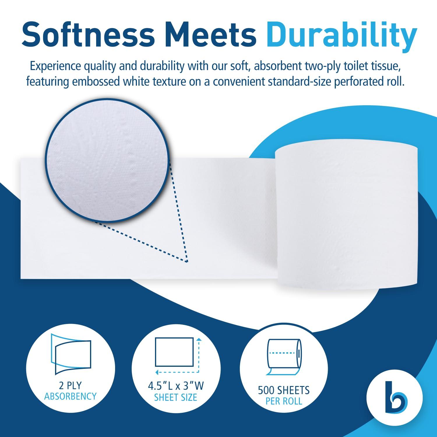 Boardwalk 2-Ply Bulk Toilet Paper Rolls for Professional and Commercial Use | 125 Feet Septic Safe Single Roll Toilet Paper Rolls | 500 White 4.5" x 3" Sheets per Roll | 96 Count per Box - Image 3