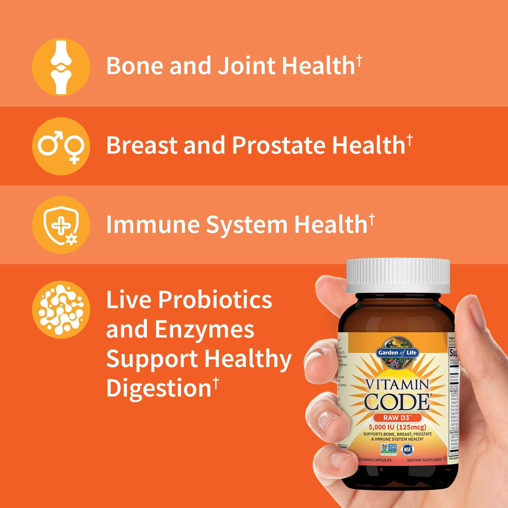 Garden of Life Vitamin D, Vitamin Code Raw D3, Vitamin D 2,000 IU, Raw Whole Food Vitamin D Supplements with Chlorella, Fruit, Veggies & Probiotics for Bone & Immune Health, 60 Vegetarian Capsules - Image 2