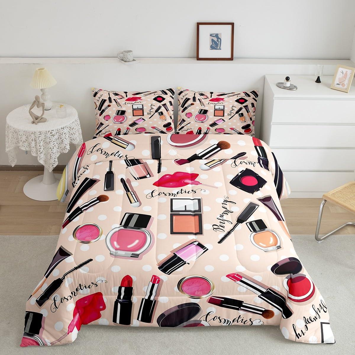 Erosebridal Fashion Comforter Set Makeup Cosmetic Theme Bedding Set Perfume Lipstick Modern Quilt Soft Microfiber Home Decor for Women Girls 1 Comforter with 2 Pillow Cases Full Size