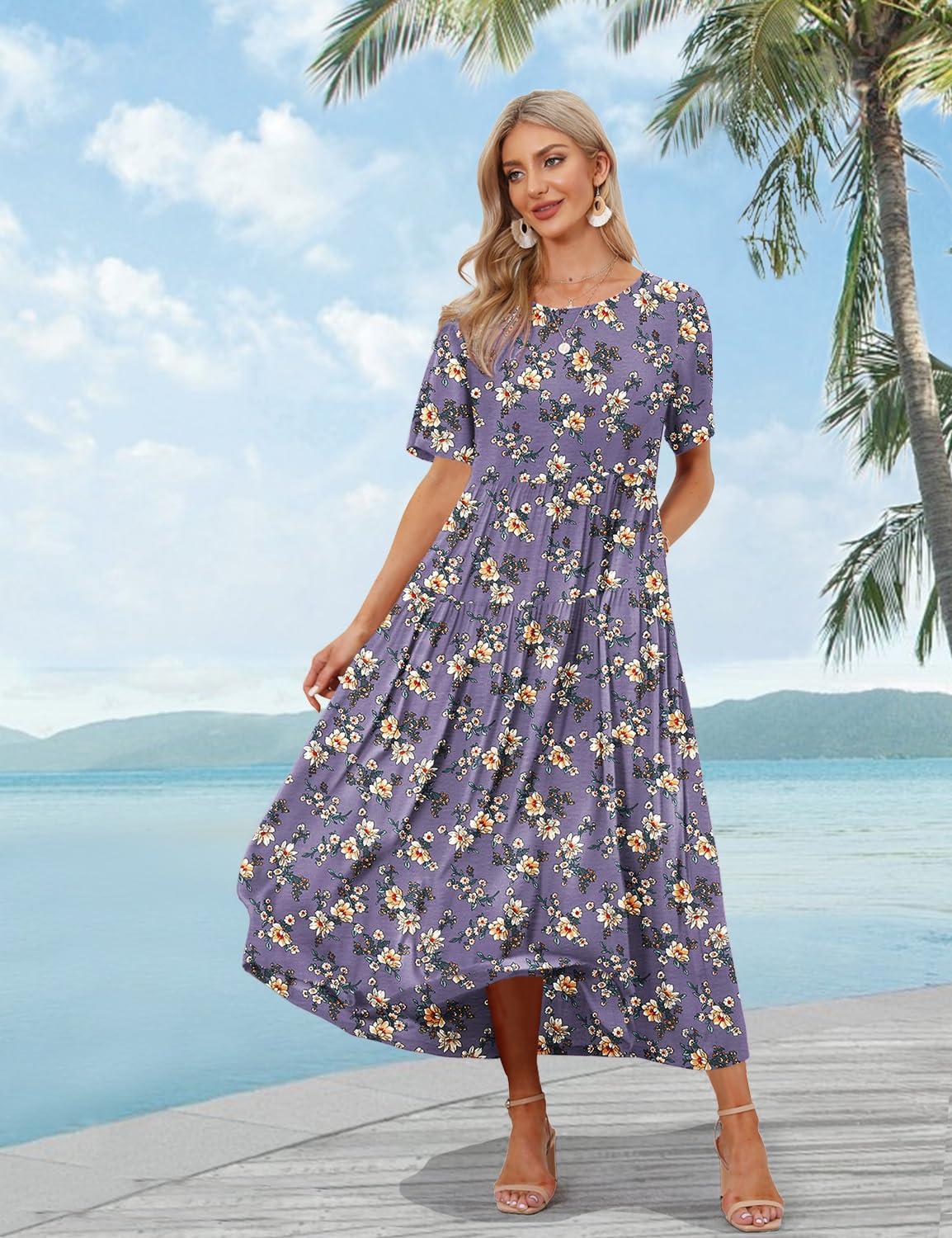 YESNO Women Casual Loose Bohemian Floral Dress with Pockets Short Sleeve Long Maxi Summer Beach Swing Dress EJF - Image 2