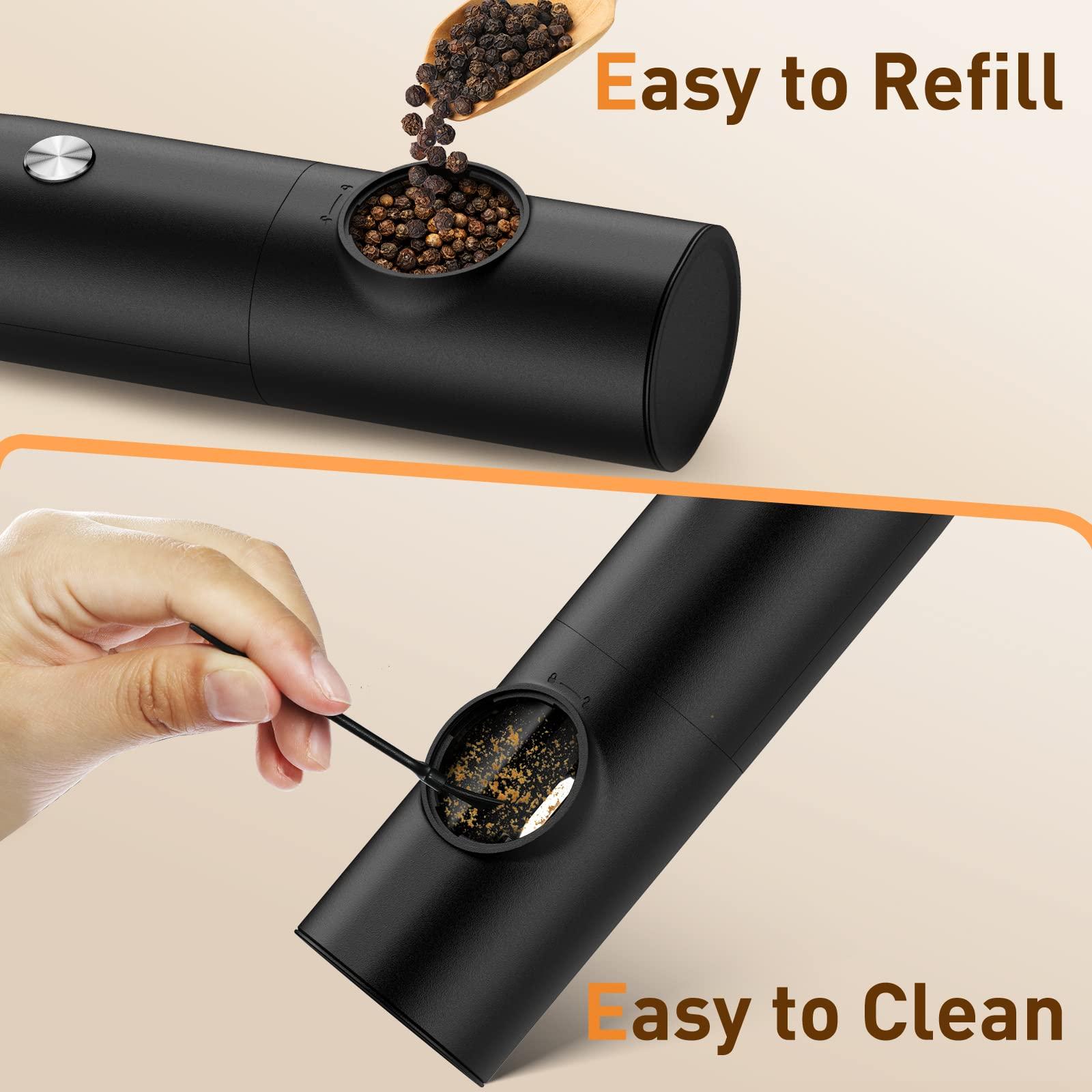 Electric Salt and Pepper Grinder Set, Rechargeable Automatic Pepper Mill Grinder with LED Light, Adjustable Coarseness shakers, One-Hand Operation for Kitchen(2 Pack,Black+White) - Image 7