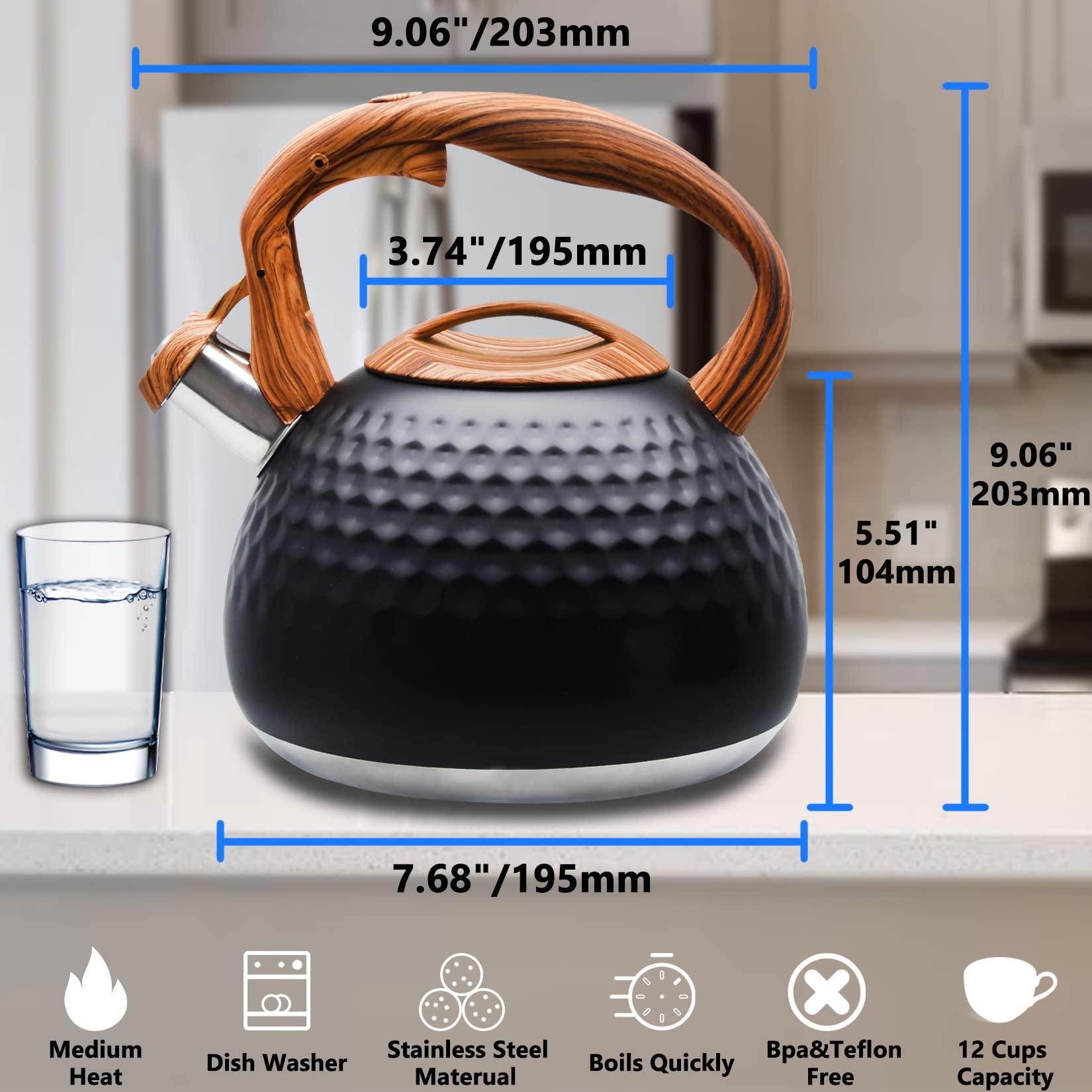 Foedo Tea Kettle Stovetop, 3.2 Qt Stainless Steel Whistling Kettle for Stove Top, Food Grade Teapot with Wood Pattern Handle for Coffee, Milk etc, Gas Electric Applicable (Black) - Image 3