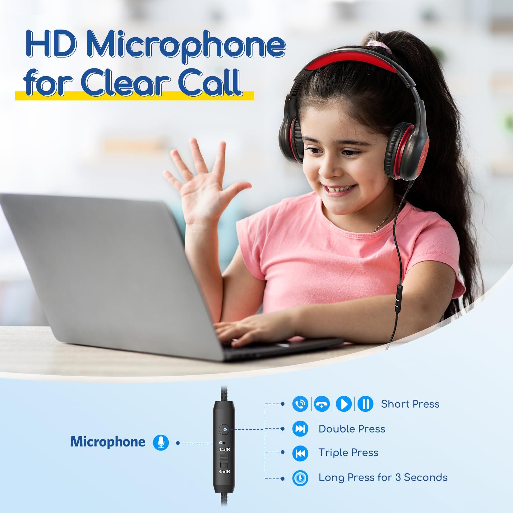 EarFun Kids Headphones Wired with Microphone, 85/94dB Volume Limit Headphones for Kids, Portable Wired Headphone with Shareport, Stereo Sound Foldable Headset for School/Tablet/iPad/Kindle, Black Red - Image 2