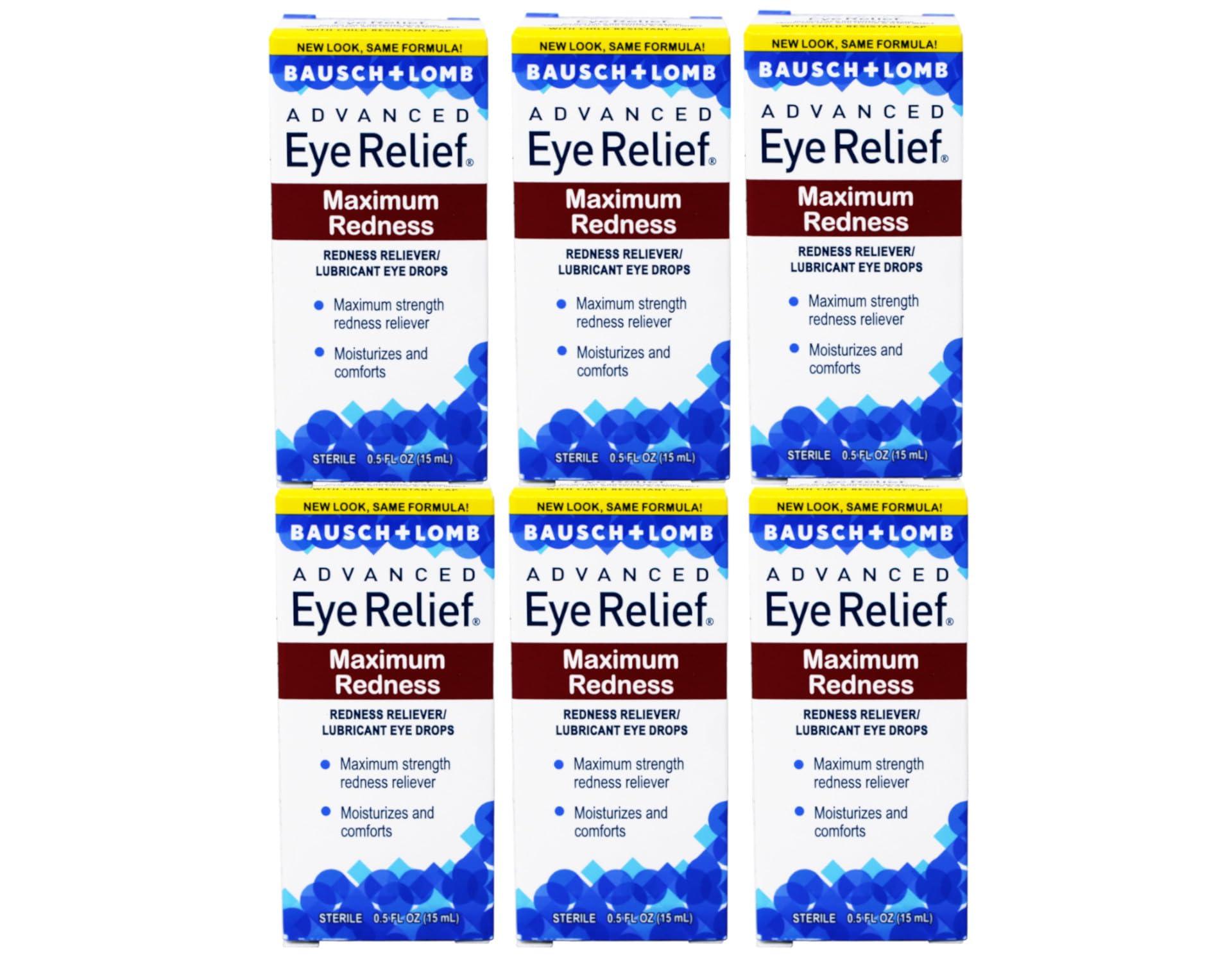 Bausch + Lomb Advanced Eye Relief, Maximum Redness Reliever and Lubricant Eye Drops, Soothes Burning & Irritated Dry Eyes, Moisturizes & Comforts, 0.5 Fl Oz (Pack of 6)