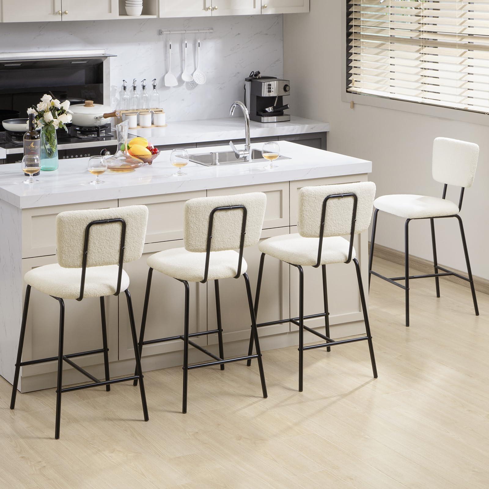 Bar Stools Set of 4 Boucle Fabric Bar Stool - Modern White Counter Height Bar Stools, Upholstered Counter Chairs for Kitchen Island/Kitchen Counter