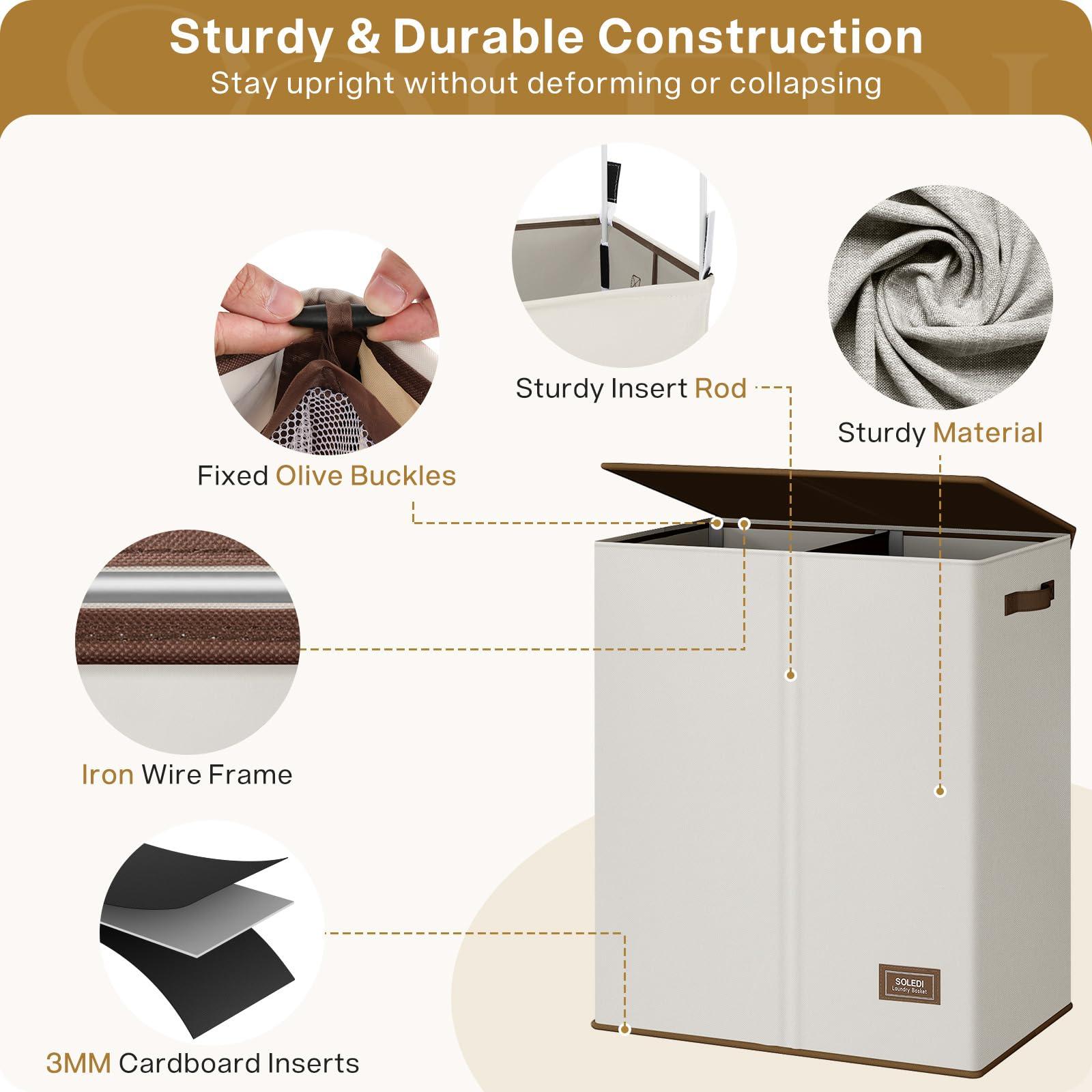 SOLEDI Luxury Double Laundry Hamper with Lid and Removable Bags, Large Hamper for Laundry, Laundry Basket 2 Sections, Collapsible Ditry Clothes Hamper for Bedroom, Laundry Room, Bathroom, Off-white - Image 5