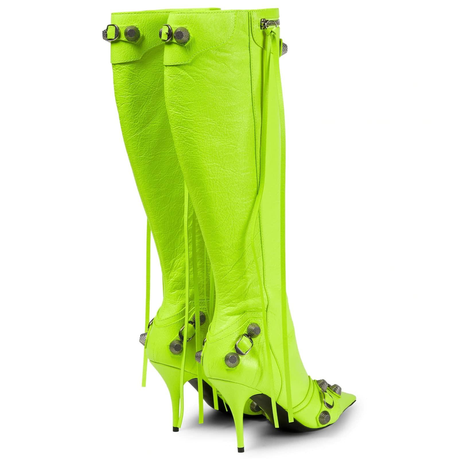 Kluolandi Women's Stiletto High Heel Knee High Boots with Tassel Pointy Toe Studded Zipper Booties Dress Shoes - Image 2