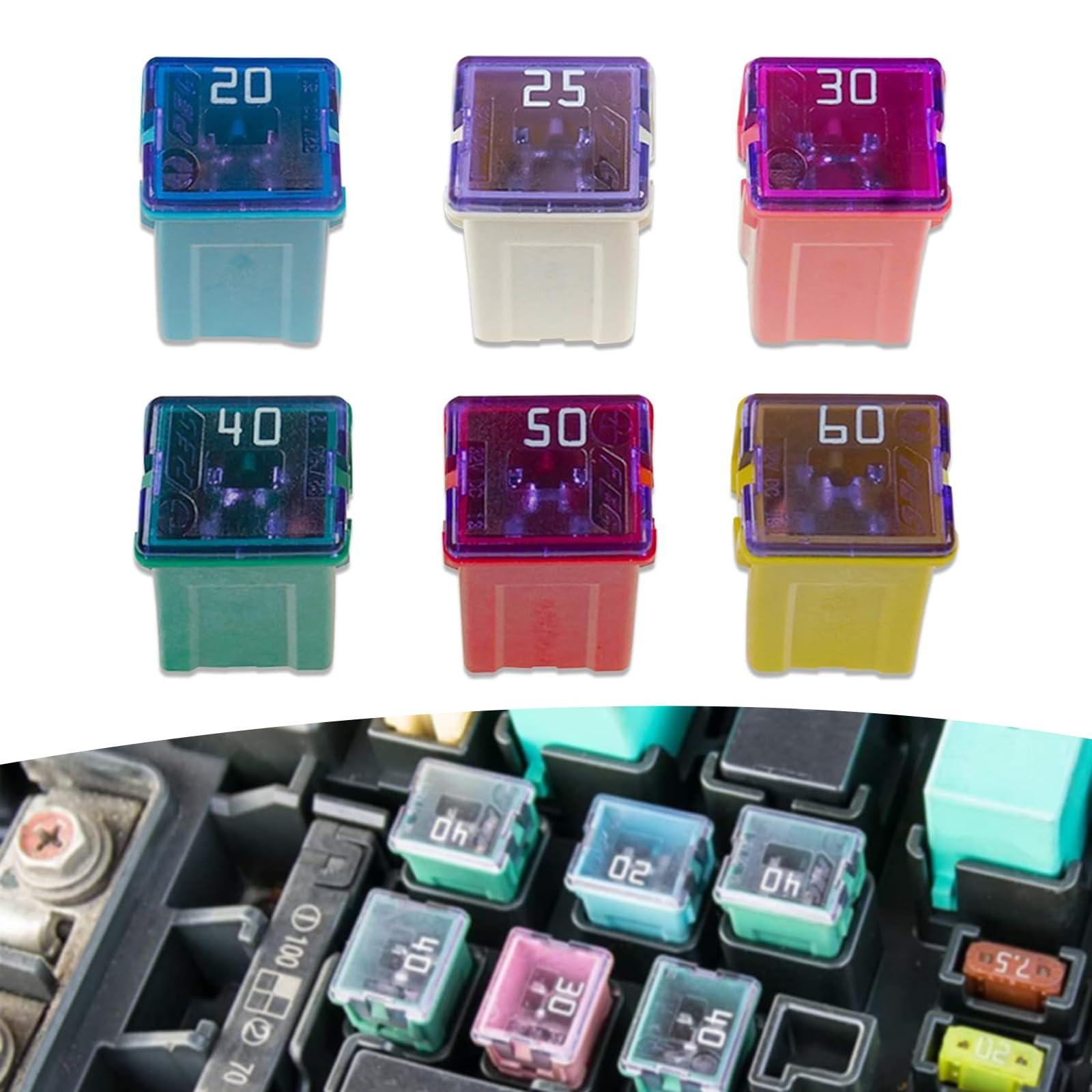 Arwrilt 6 PCS Car Jcase Fuse Assortment, 20A 25A 30A 40A 50A 60A Fuse Kit, Micro Internal Plug-in Fuse Combination Set, Universal Car Fuses Accessories Replacement, for Most Cars (Multicolored #Long)
