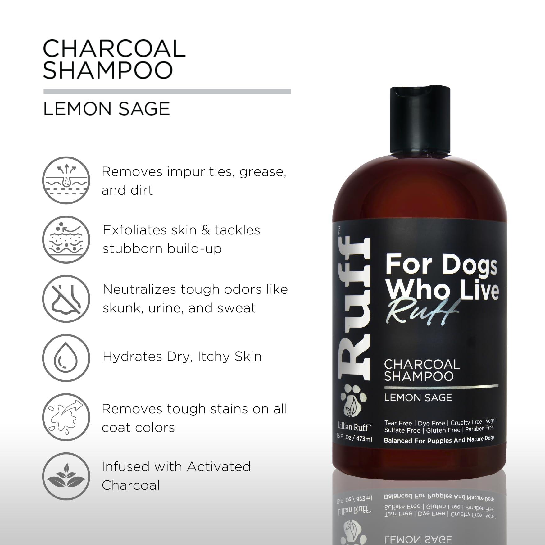 Ruff by Lillian Ruff Activated Charcoal Pet Shampoo – Deep Cleanser, Deodorizer, Stain Remover – Lemon Sage Scent, pH Balanced, Hydrate Dry Itchy Skin – Safe for Puppies & Mature Dogs - Image 2