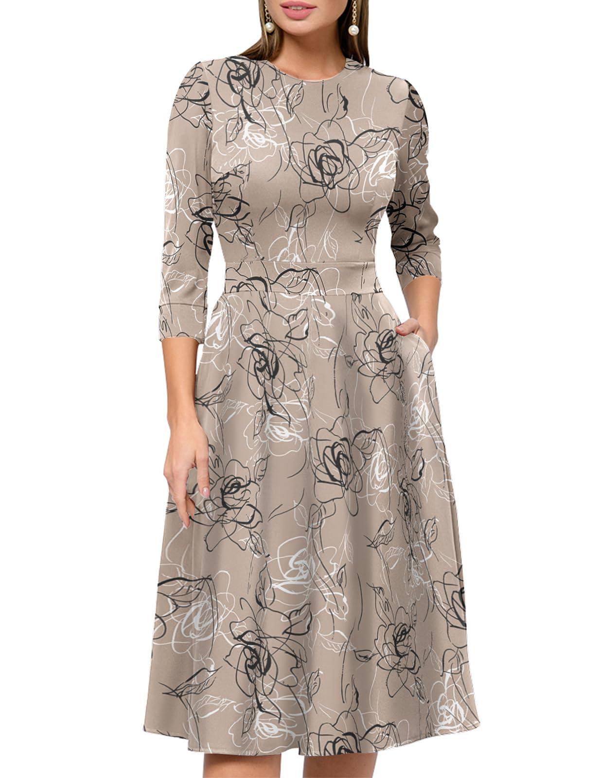 Simple Flavor Women's Floral Vintage Dress Elegant Midi Evening Dress 3/4 Sleeves - Image 5