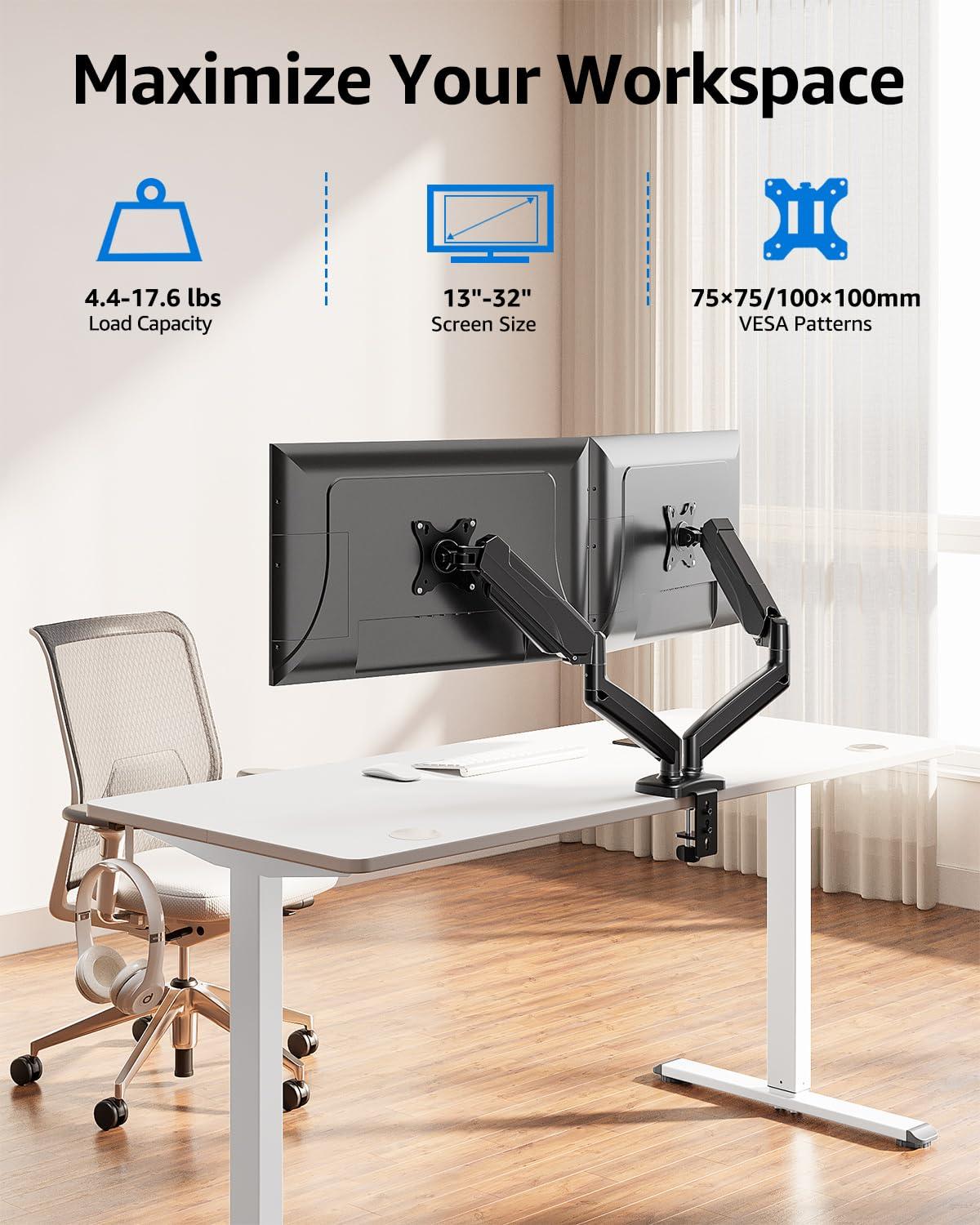 MOUNTUP Dual Monitor Stand for Desk, Pneumatic Monitor Arms for 2 Monitors Max 32 Inches, Height Adjustable Double Monitor Mount, VESA Mounts with C-Clamp & Grommet Base, Holds 4.4-17.6lbs, Black - Image 2