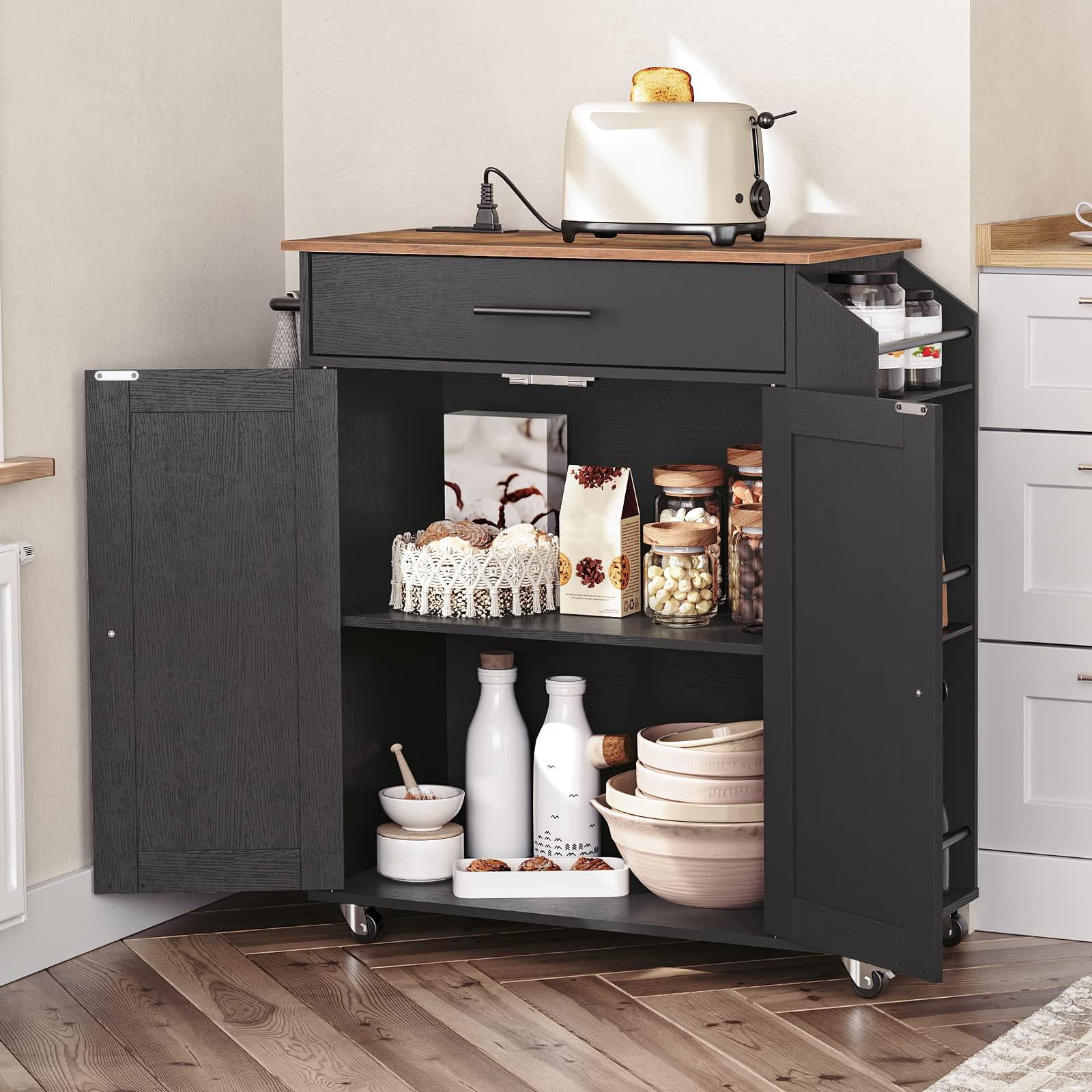 HOOBRO Kitchen Island with Power Outlet, Storage Island with Spice Rack and Drawer, Rolling Kitchen Cart on Wheels, for Home, Dining Room, Rustic Brown and Black - Image 4