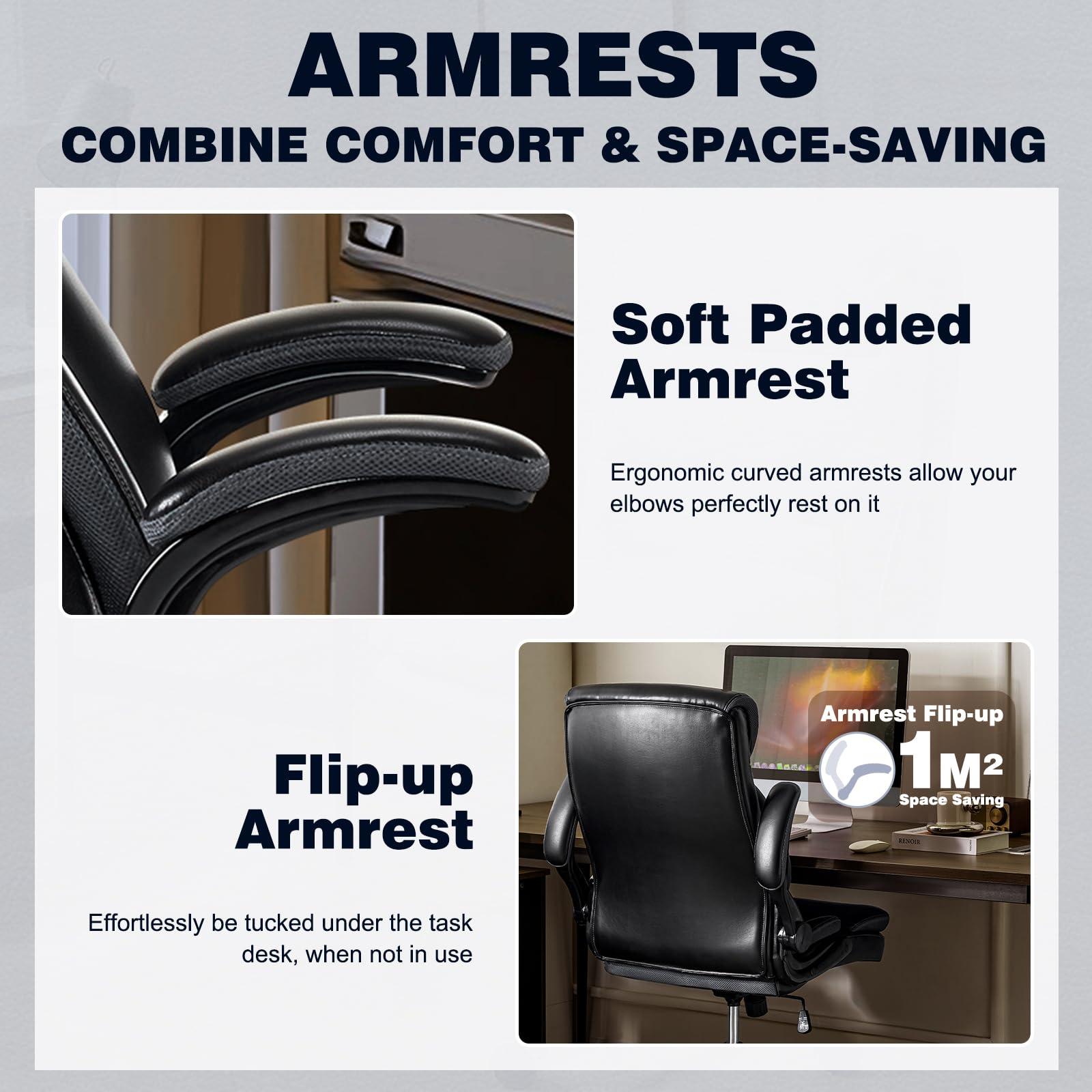 Executive Office Chair, Ergonomic Leather Office Chairs with Lumbar Support Flip-up Arms, Swivel Rolling High Back Comfy Computer Desk Chair for Home Office Furniture Conference Room, Black - Image 6