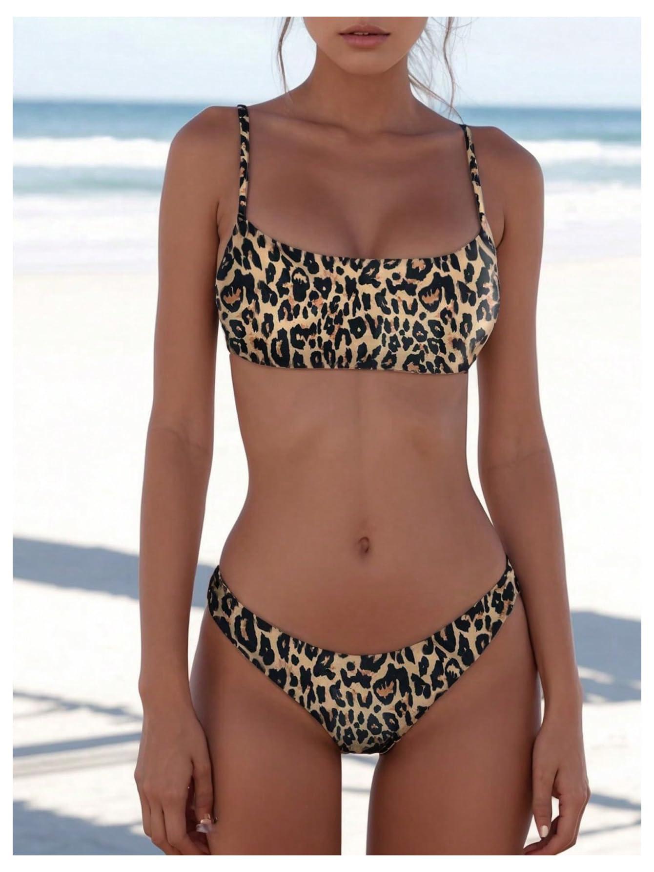 SweatyRocks Women's Leopard Print Bikini Set High Cut Low Rise 2 Piece Swimsuit Swimwear - Image 3