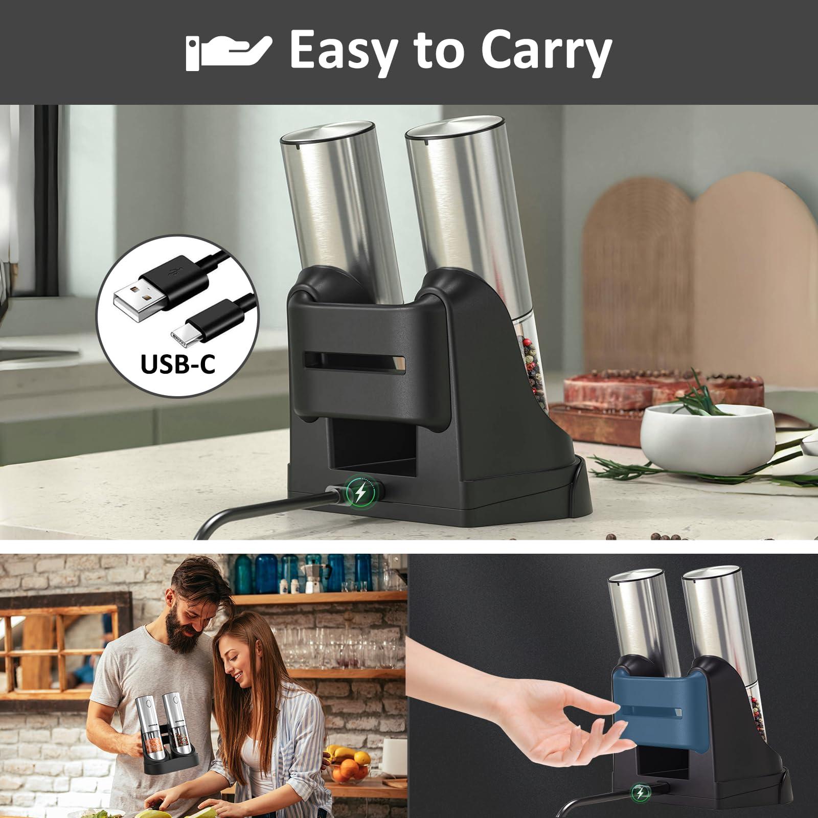 Electric Salt and Pepper Grinder Set, Rechargeable with Charging Base,Adjustable Coarseness with LED Light, Stainless Steel Automatic Pepper and Salt Mill Refillable(2 Packs) - Image 5