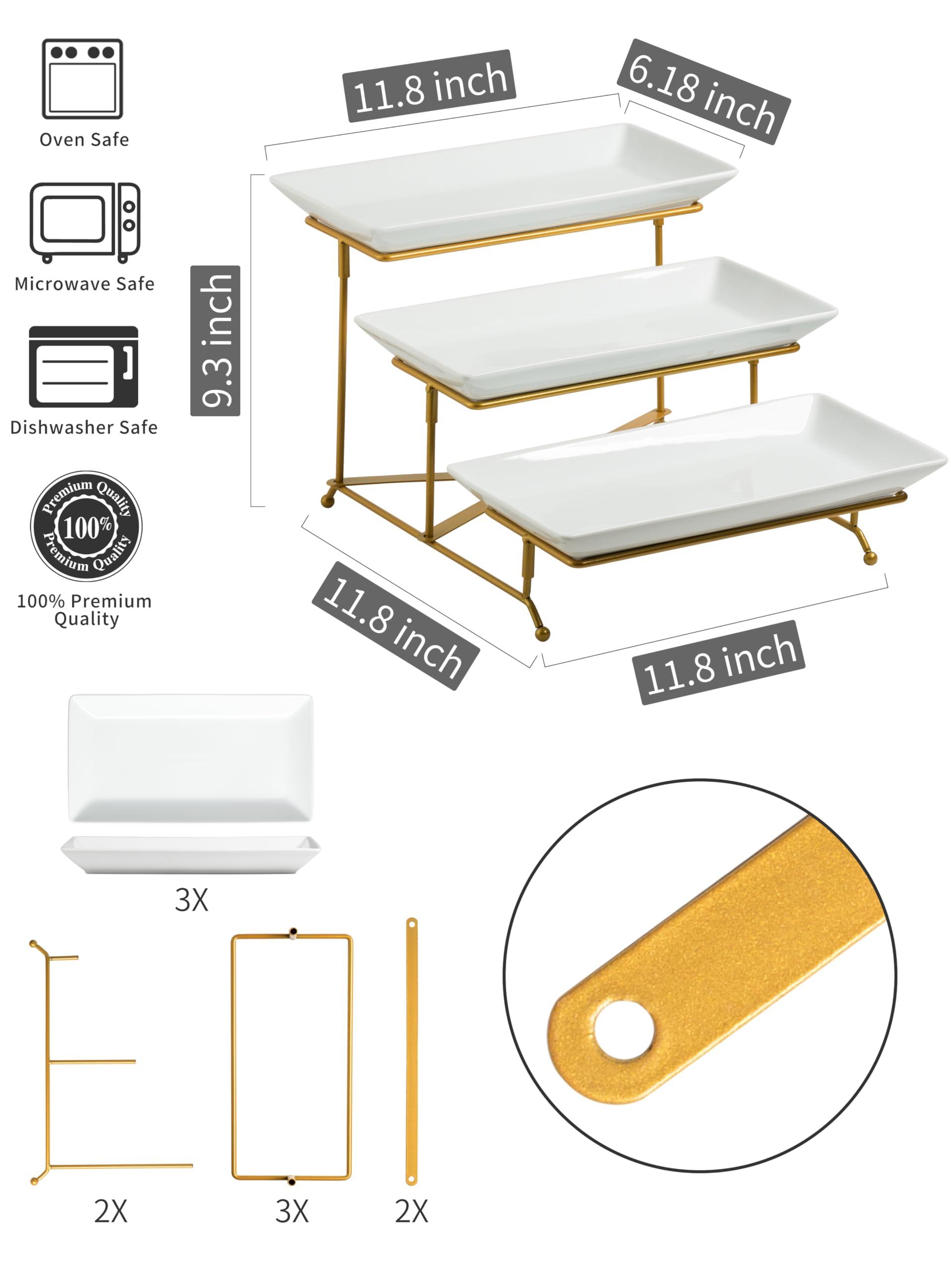 LAUCHUH 3 Tier Serving Stand Porcelain Serving Platter Tier Serving Trays with Collapsible Sturdier Rack, Serving Dishes and Platters for Valentine's Day, Christmas, Entertaining, Gold, 12 Inch - Image 3
