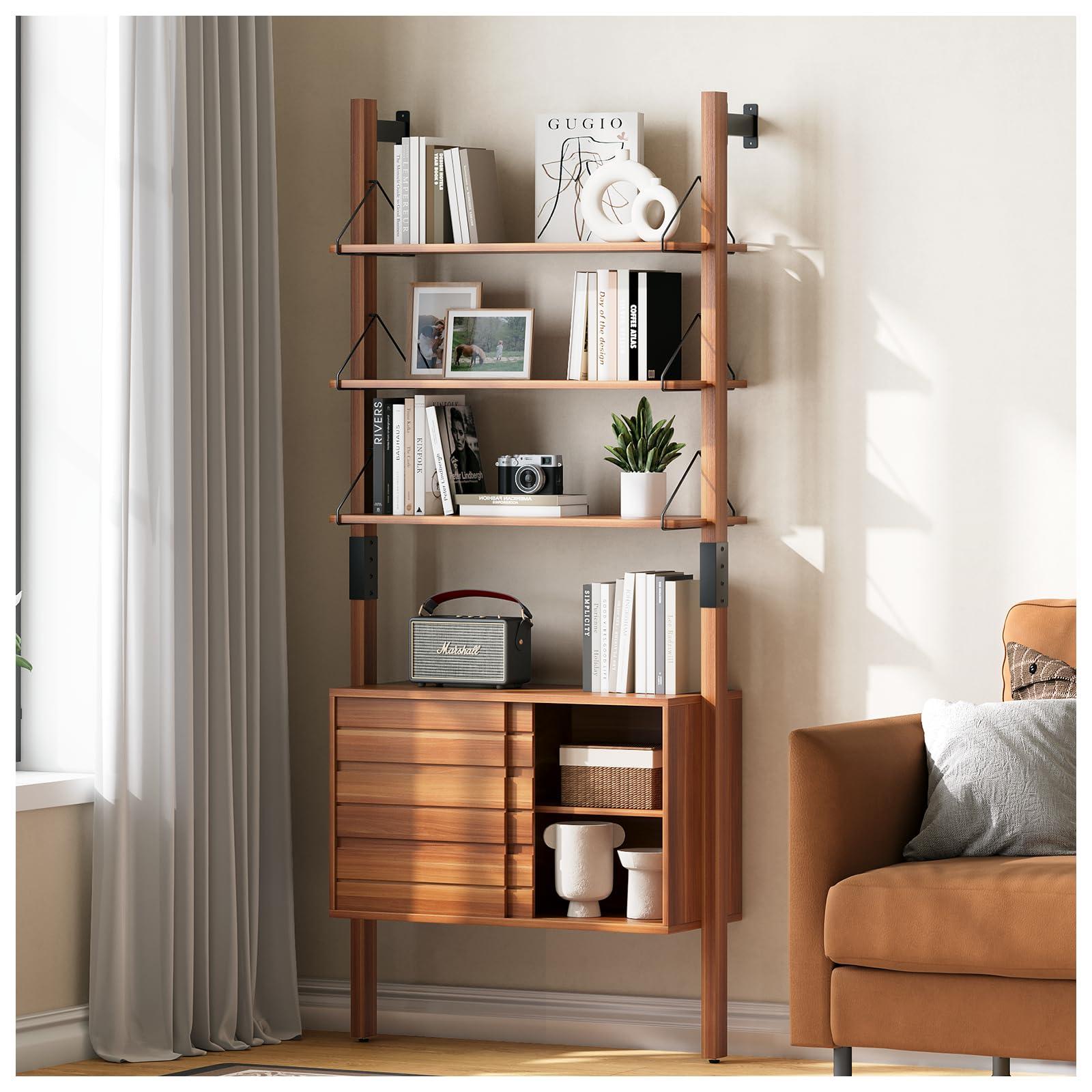 JOINICE, Ladder Bookshelf with Storage Cabinet, Mid Century Modern Wall Mounted Bookcase with Wood and Metal Frame, 6 Tier Open Display Shelves for Living Room, Bedroom, Home Office, Cherry