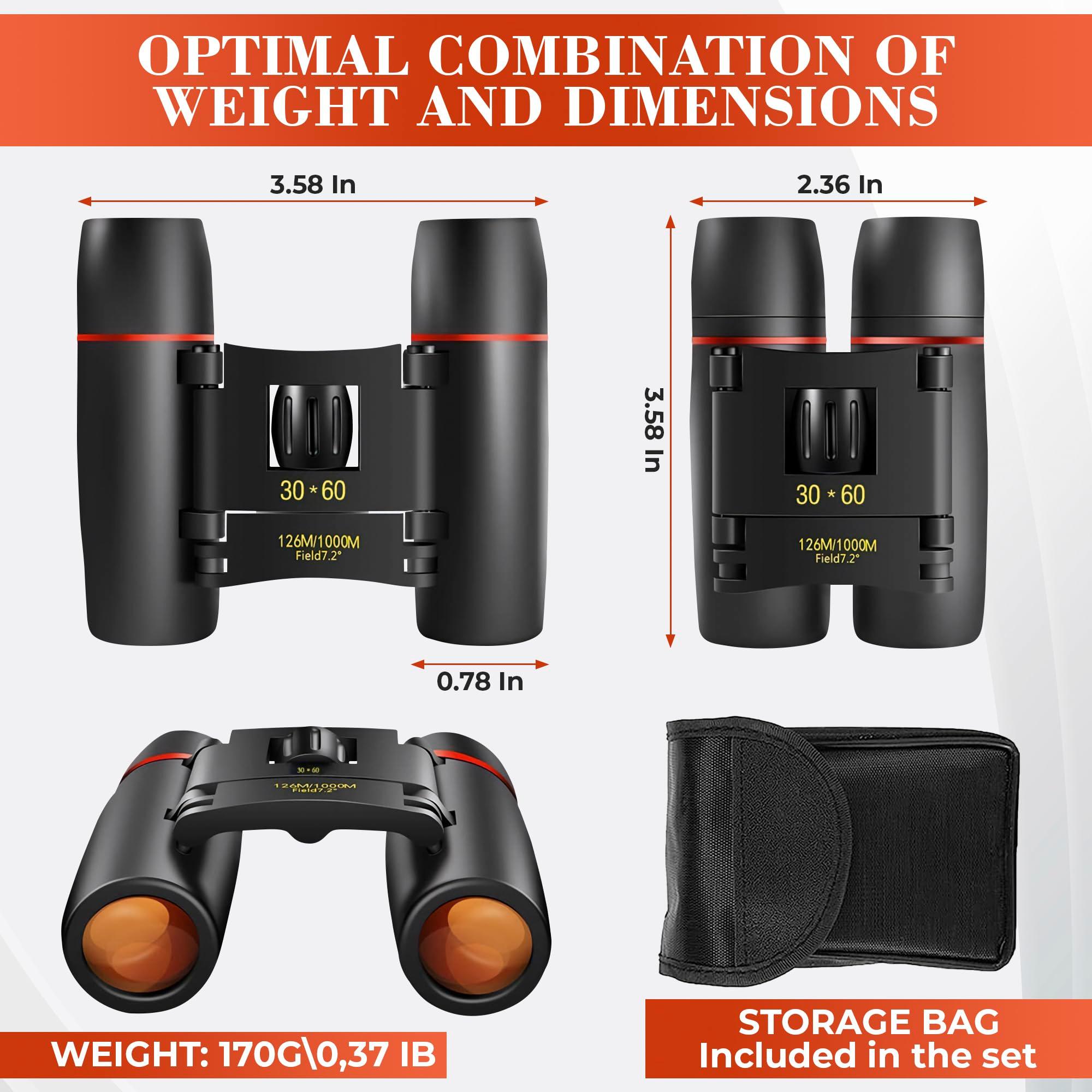 30x60 Travel Binoculars for Bird Watching – Small Binoculars for Adults with 126M/1000M Wide Field of View, 7.2° Angle & Storage Bag – Designed for Hiking, Birdwatching, and Outdoor Adventures - Image 2