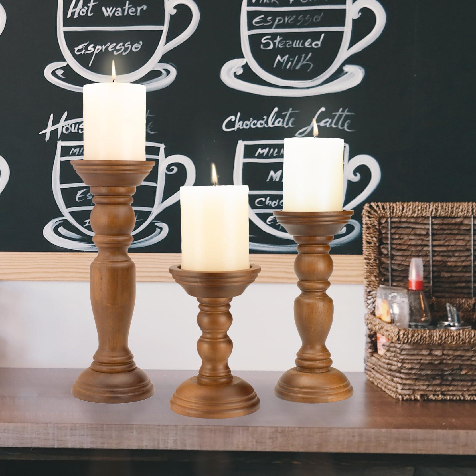 Rustic Wooden Pillar Candle Holders Set of 3, 12'' 9'' 6'' Farmhouse Wood Candle Stand for Table Centerpieces, Vintage Tall Candleholders Fireplace Mantel Decor for Living Room, Brown - Image 5