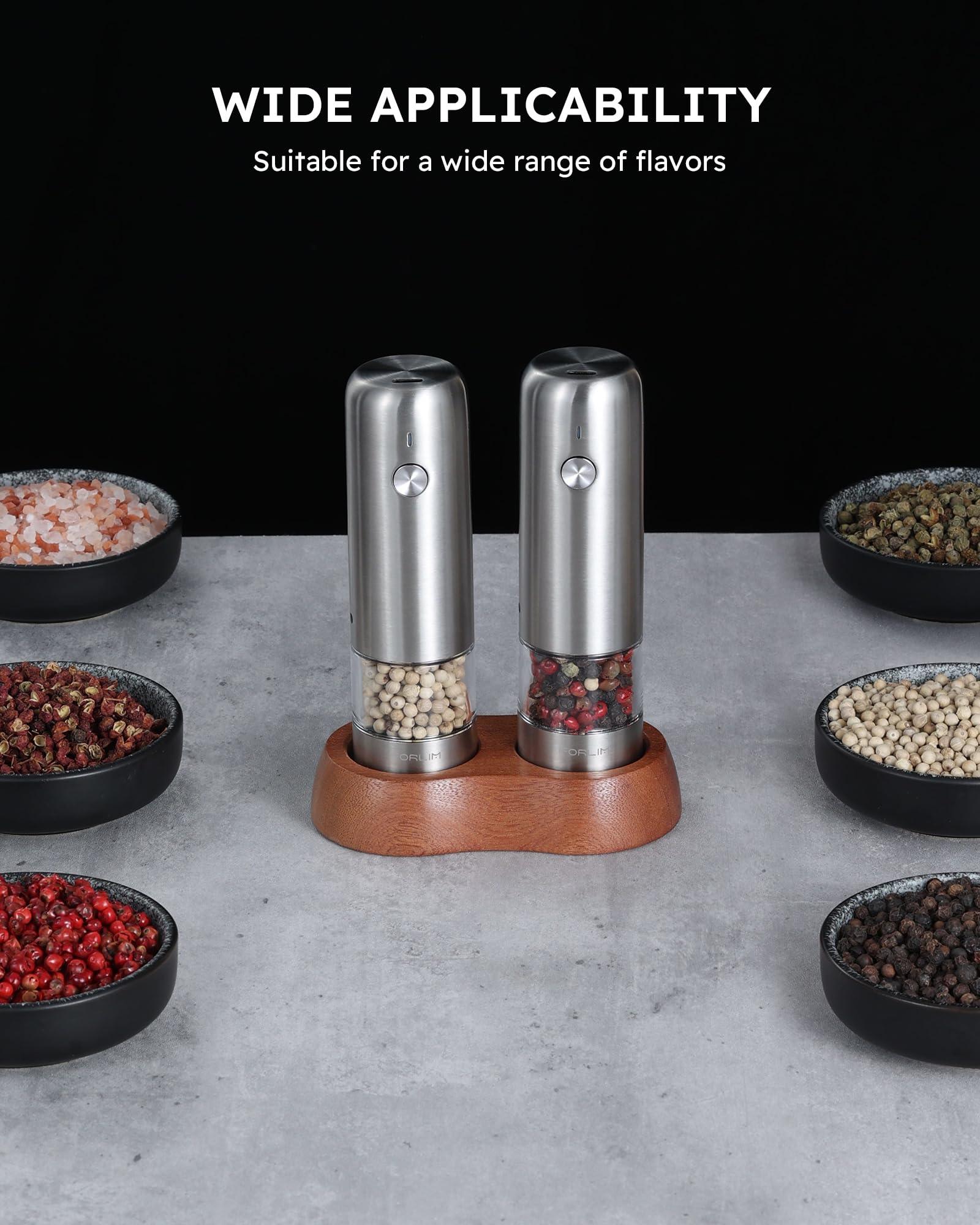 FORLIM Mini Electric Salt and Pepper Grinder Set with Wood Base, USB Rechargeable, Small Automatic Salt Pepper Mill Grinder, Travel/Outdoor BBQ/Children, One-Button Control (2 Packs, Stainless Steel) - Image 2