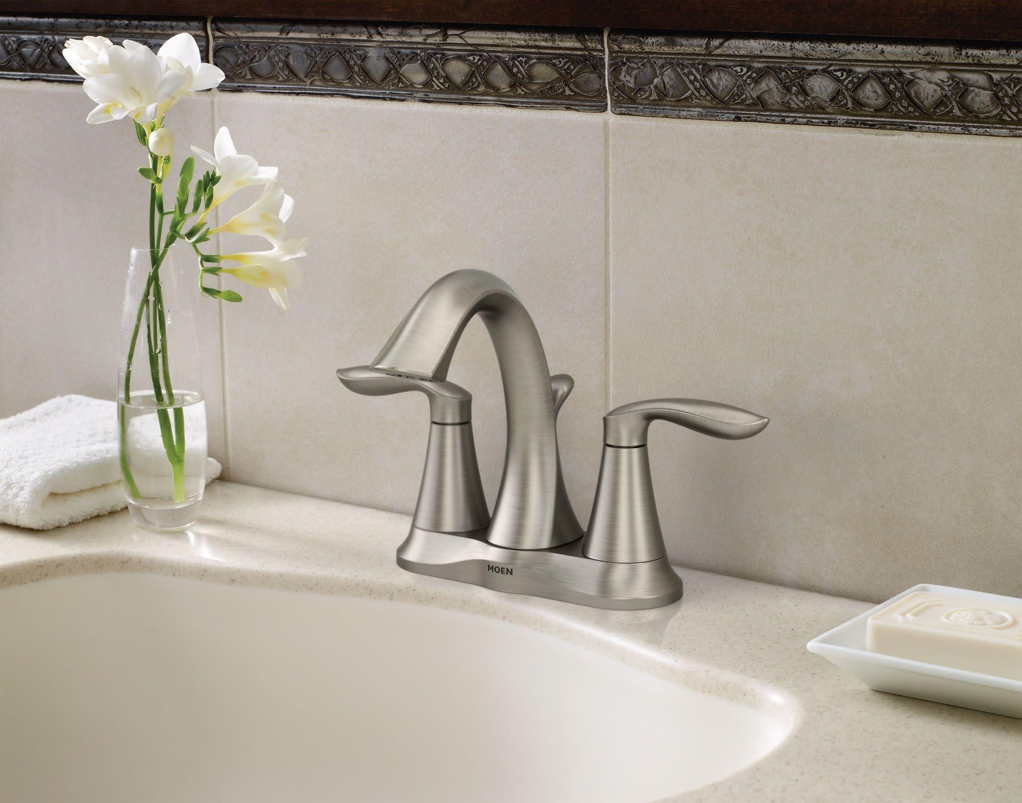 Moen Eva Brushed Nickel Two-Handle 4-Inch Centerset Bathroom Faucet with Drain Assembly, Bathroom Faucets for Sink 3-Hole, 6410BN - Image 2