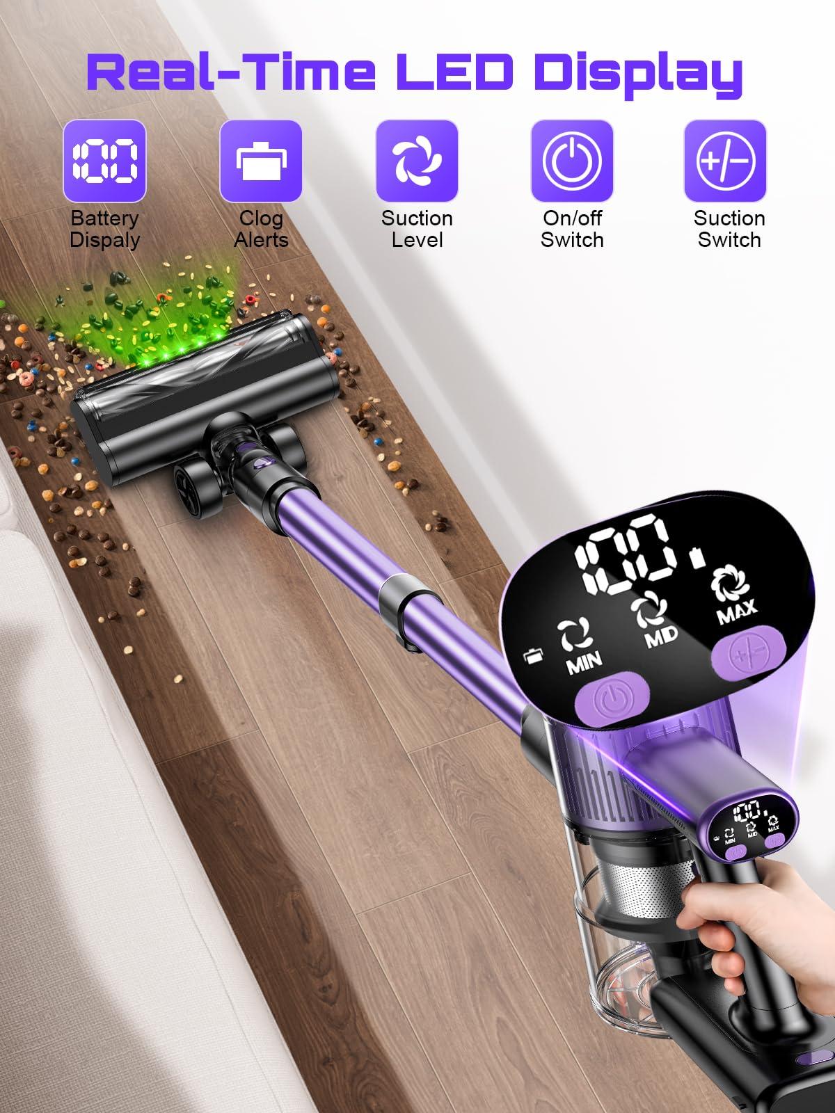 Cordless Vacuum Cleaner, 10 in 1 Stick Vacuum with Powerful Suction, Hose, Green LED Light, Anti-Tangle Brush, Lightweight Rechargeable Vacuum Cleaner for Home, Hardwood Floors, Carpets, Pet Hair - Image 3